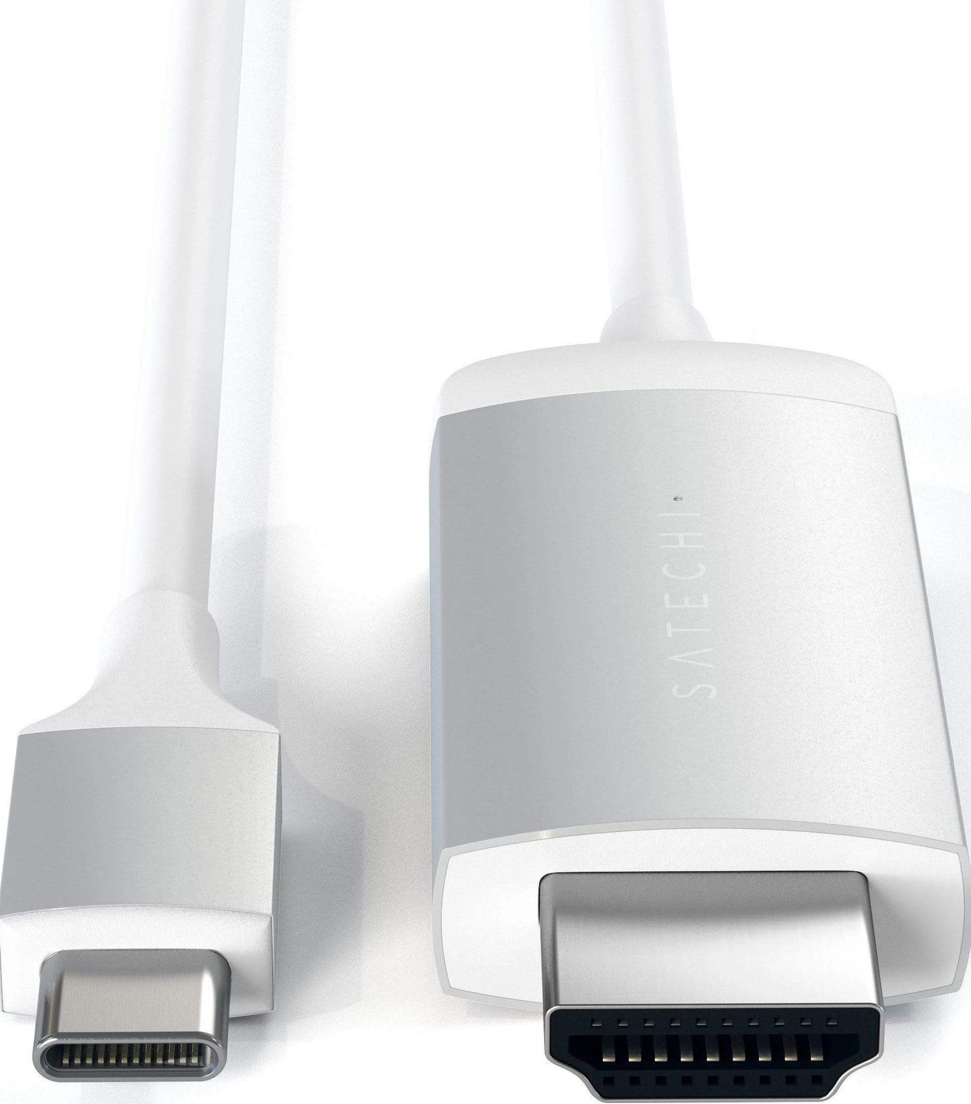 Un cavo USB-C e HDMI bianco con connettori argentati.