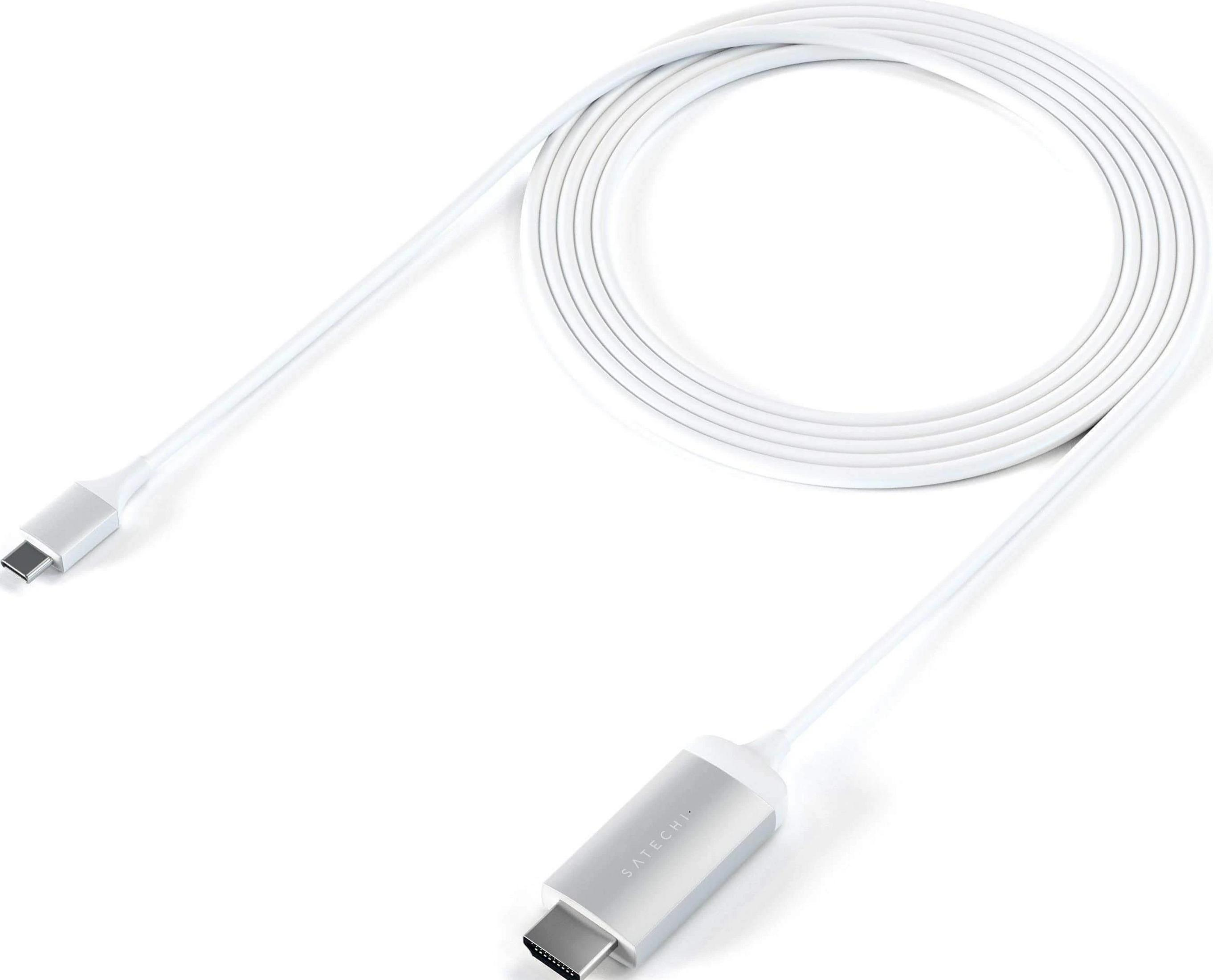 Un cavo Satechi bianco con connettori USB-C e HDMI, su sfondo bianco.