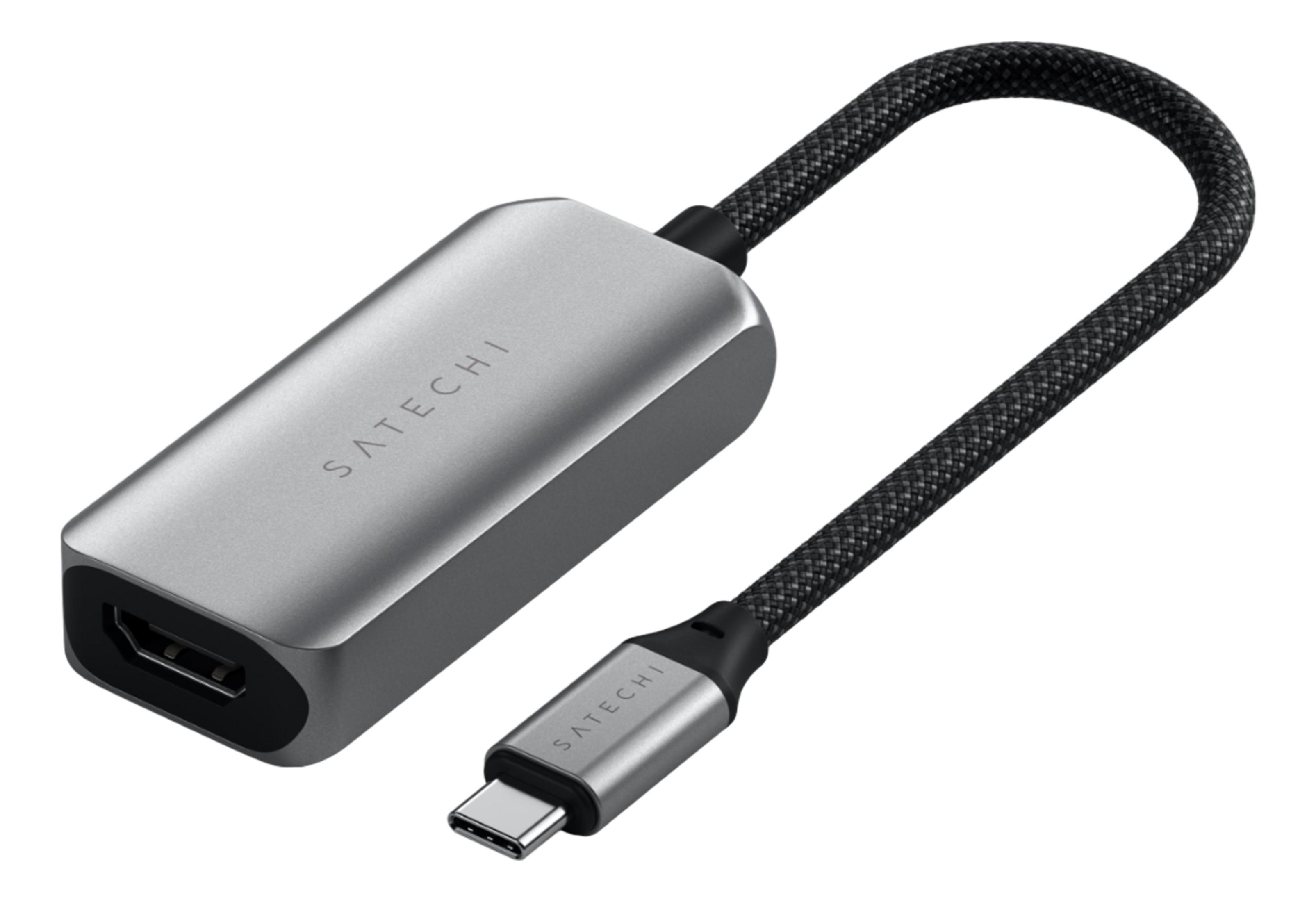Adattatore Satechi USB-C a HDMI argentato con cavo nero.