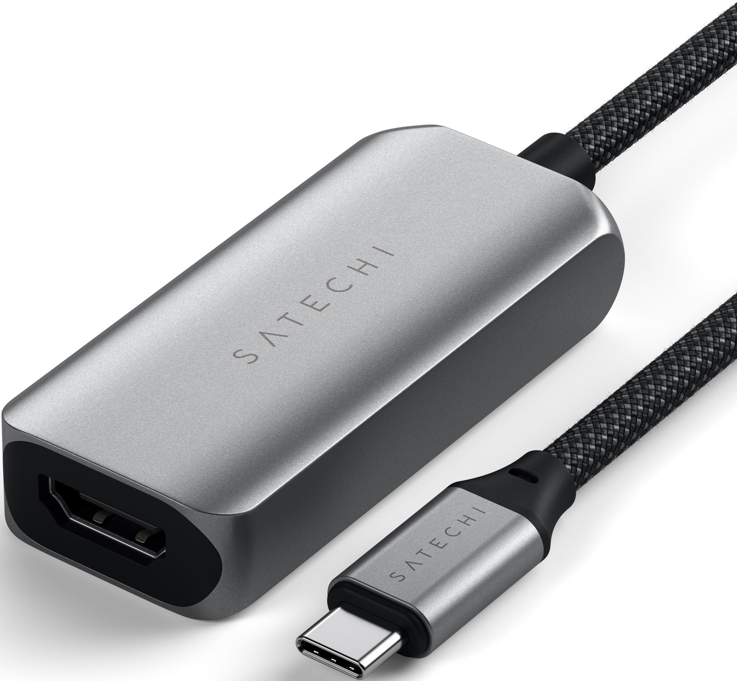 Adattatore Satechi grigio con porte HDMI e USB-C e cavo nero.