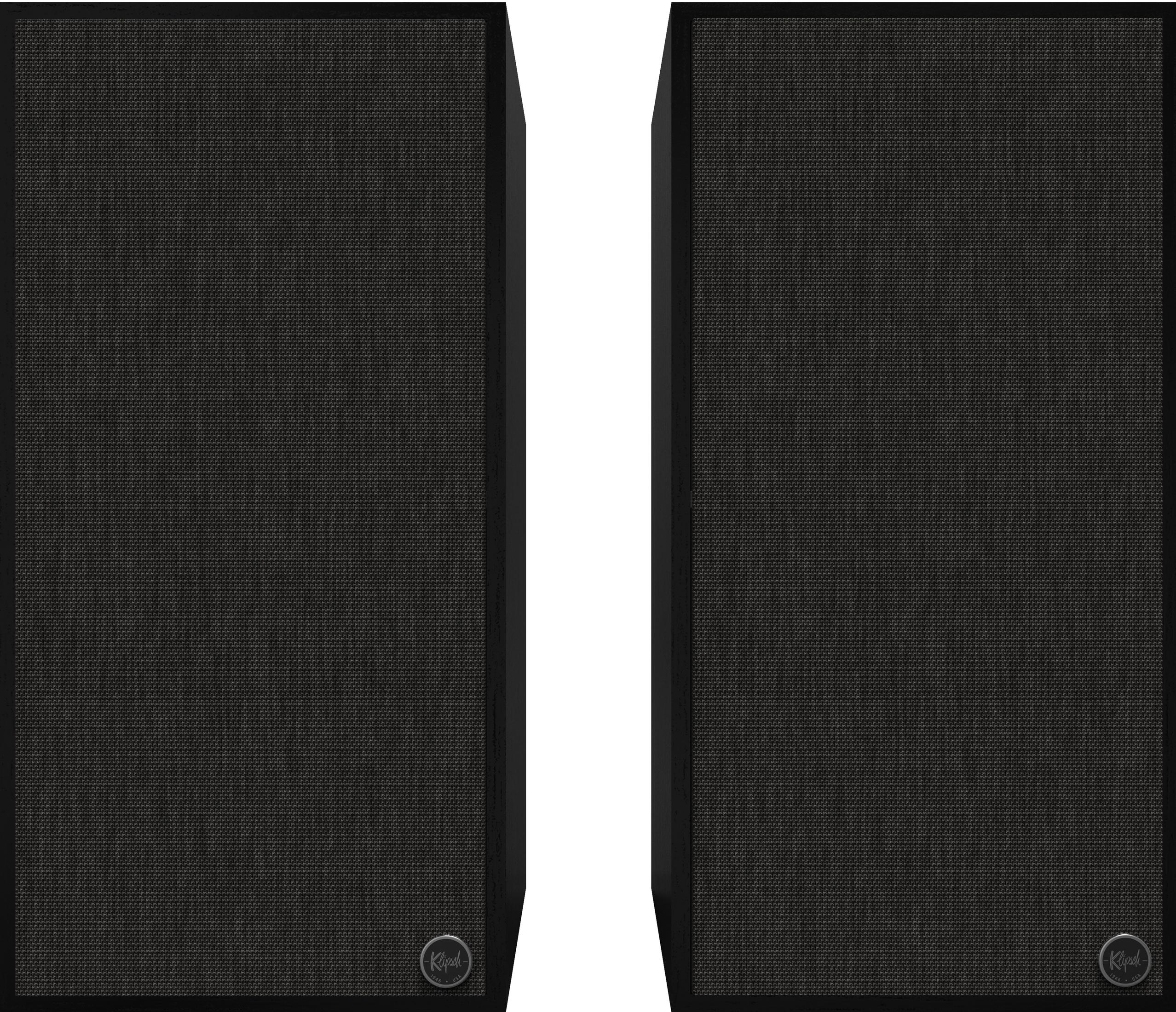 Zwei schwarze Lautsprecher nebeneinander, mit Gitterfront und Logo unten rechts.