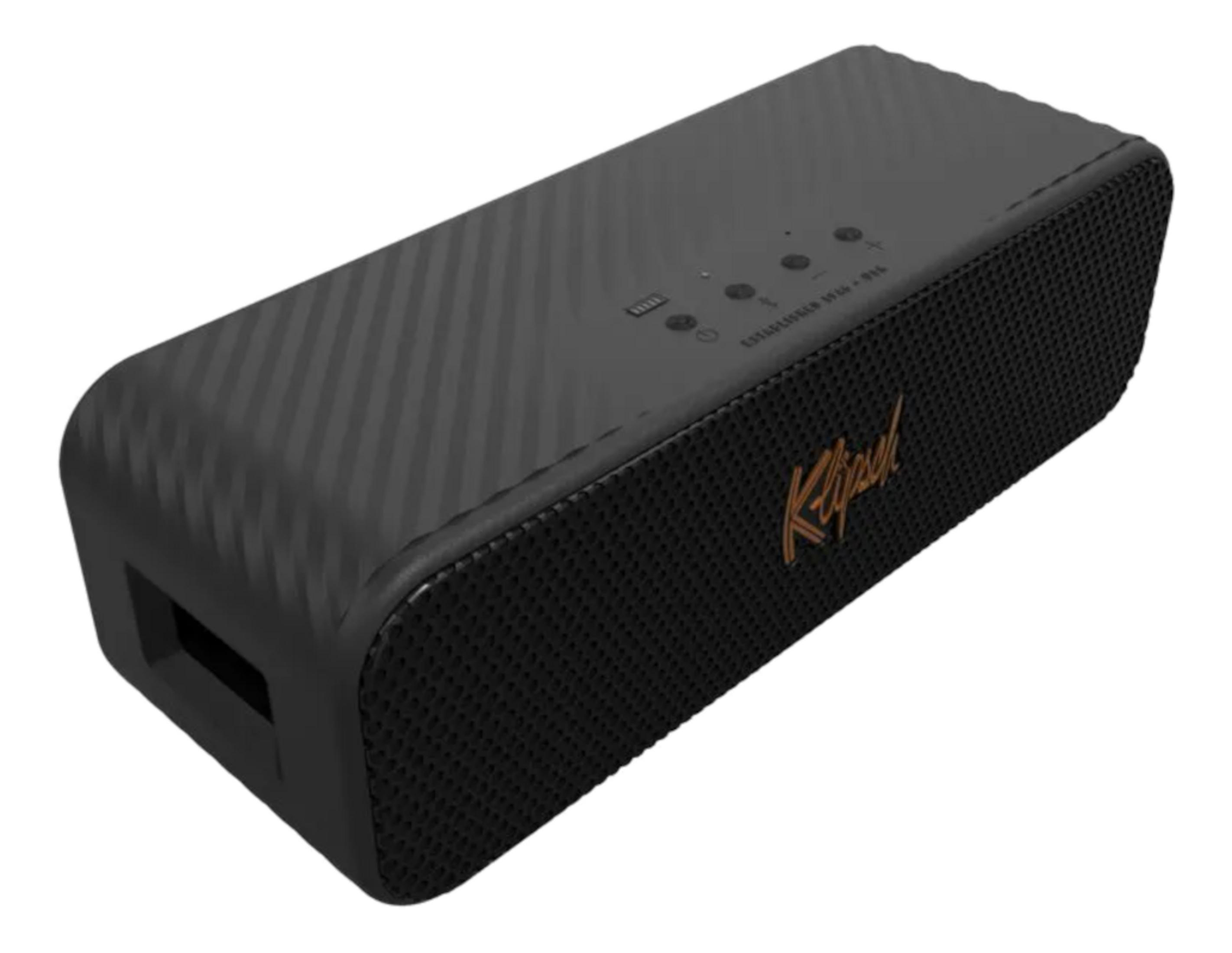 Czarny głośnik Bluetooth Klipsch z maskownicą i przyciskami na górze.