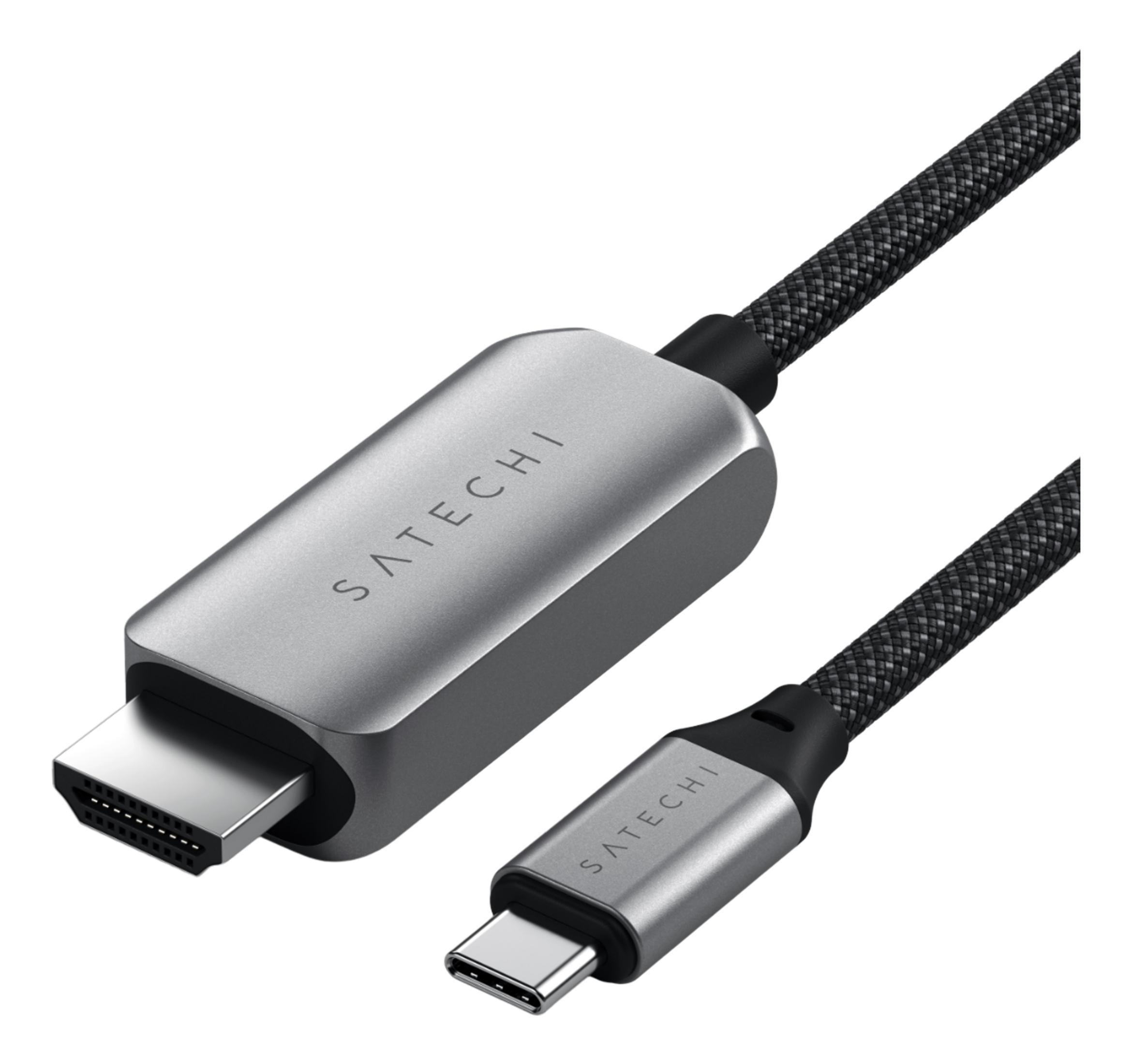 Graues Satechi Kabel mit HDMI- und USB-C-Anschluss, umgeben von schwarzem Geflecht.