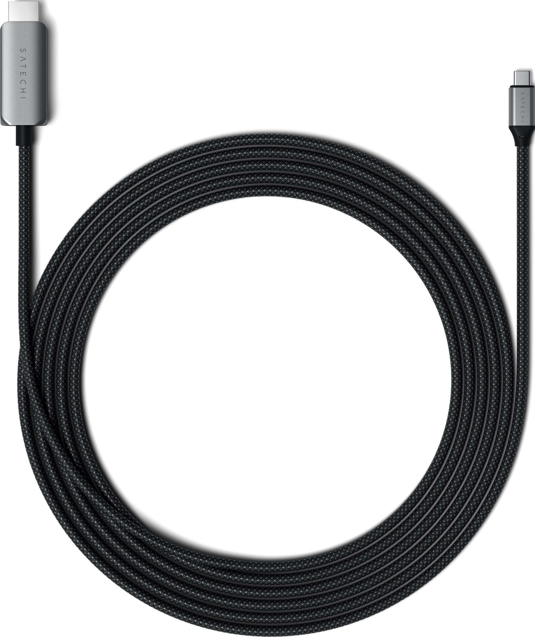 Ein schwarzes USB-C-Kabel mit silbernen Anschlüssen, aufgerollt.