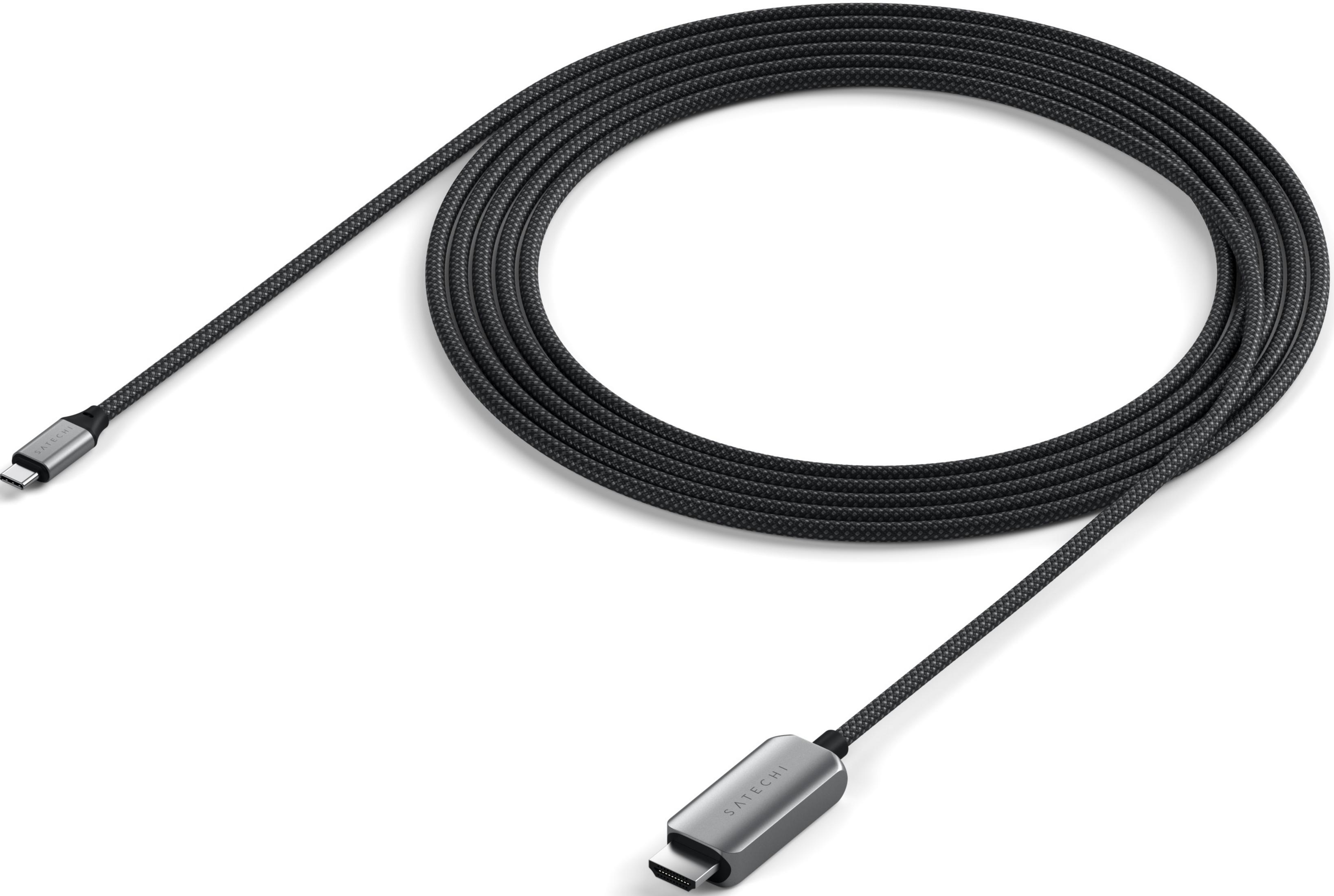 Ein schwarzes USB-C-Kabel mit silbernen Anschlüssen, auf weißem Hintergrund.
