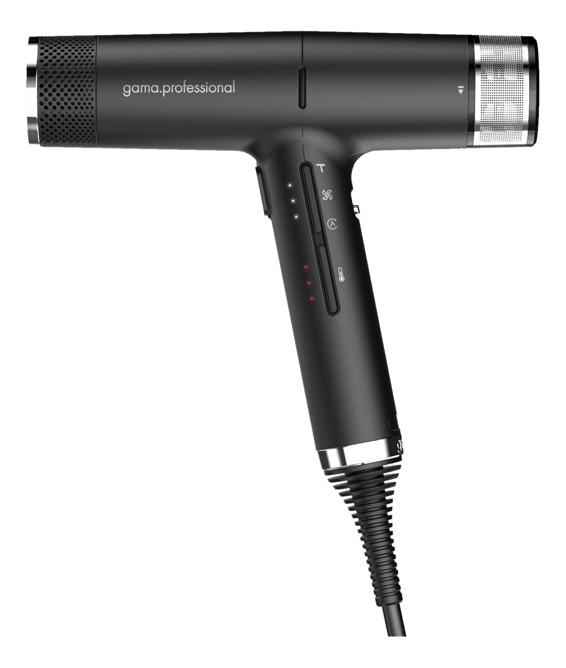 Ein schwarzer Gama Professional Haartrockner mit silbernen Akzenten und Bedienelementen.