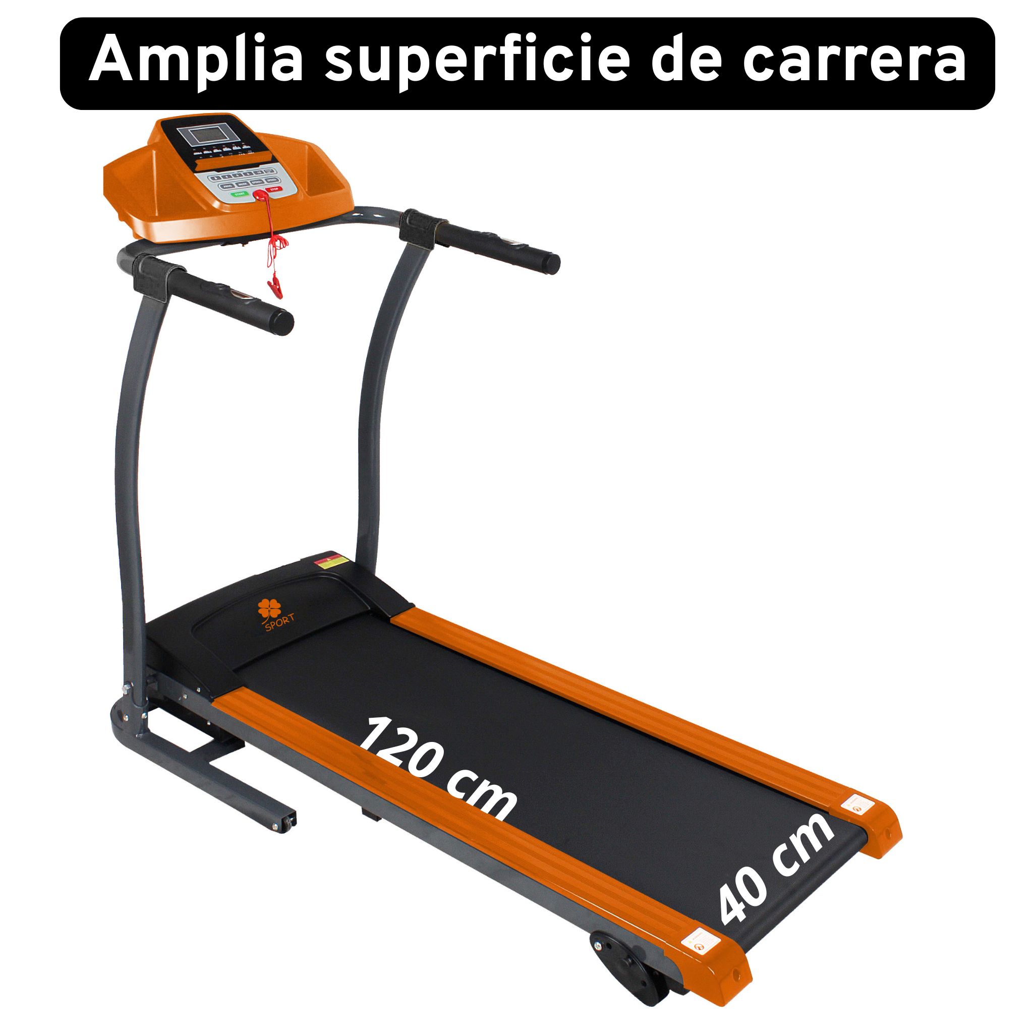 Una cinta de correr naranja y gris con pantalla digital, asas y marcas de tamaño.