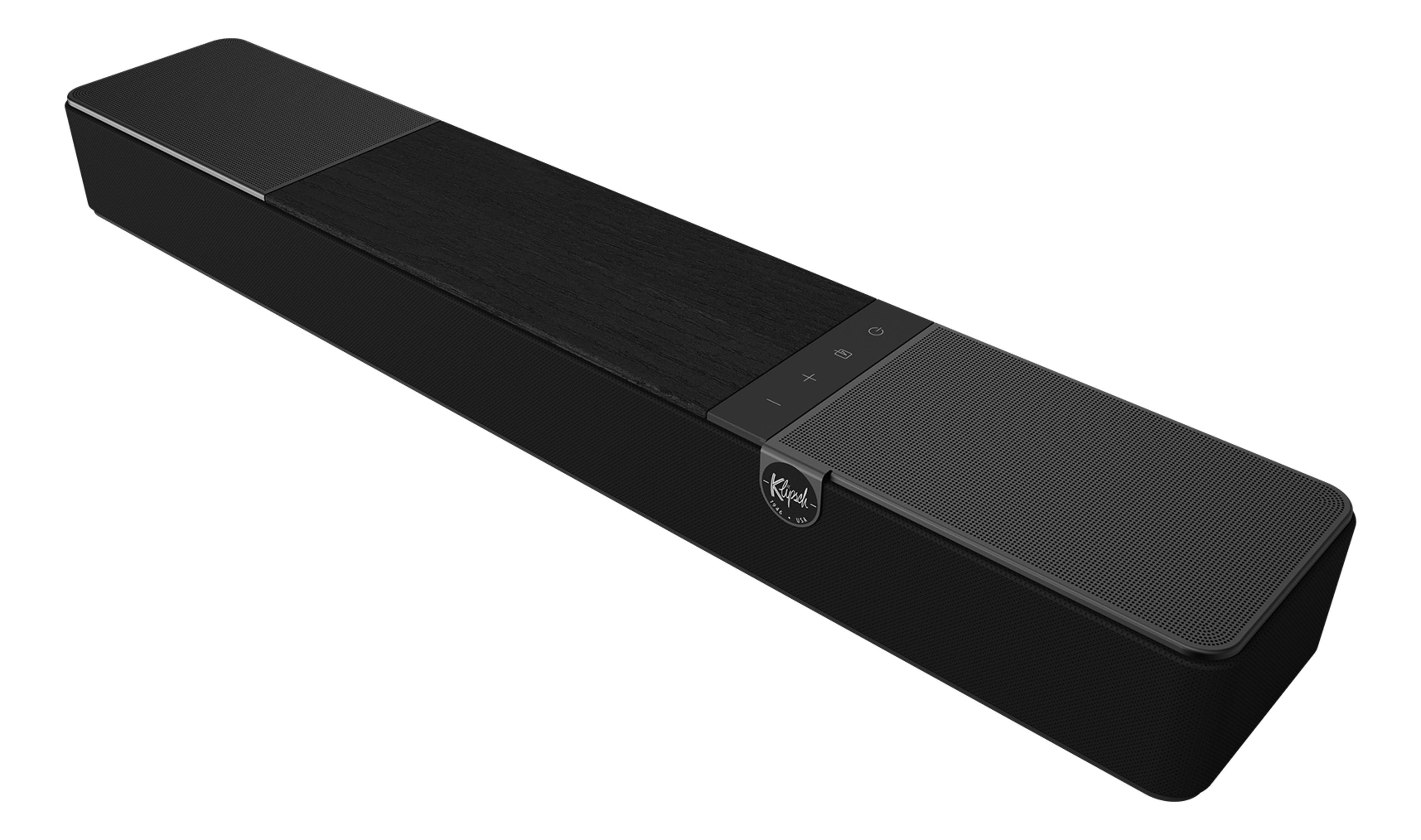 Czarny, smukły soundbar z drewnianym usłojeniem i przyciskami sterowania.