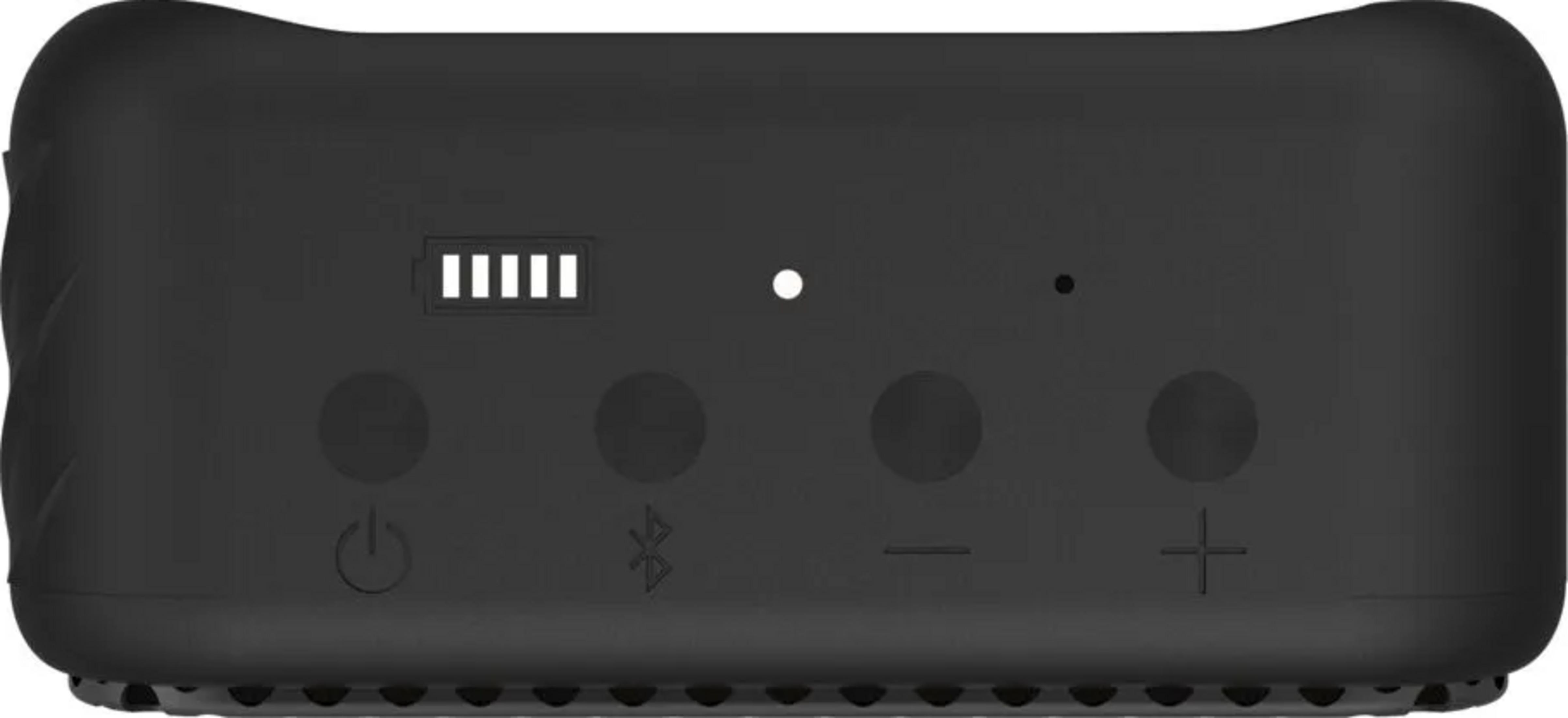 Czarny głośnik przenośny ze wskaźnikami zasilania, Bluetooth, głośności i baterii.