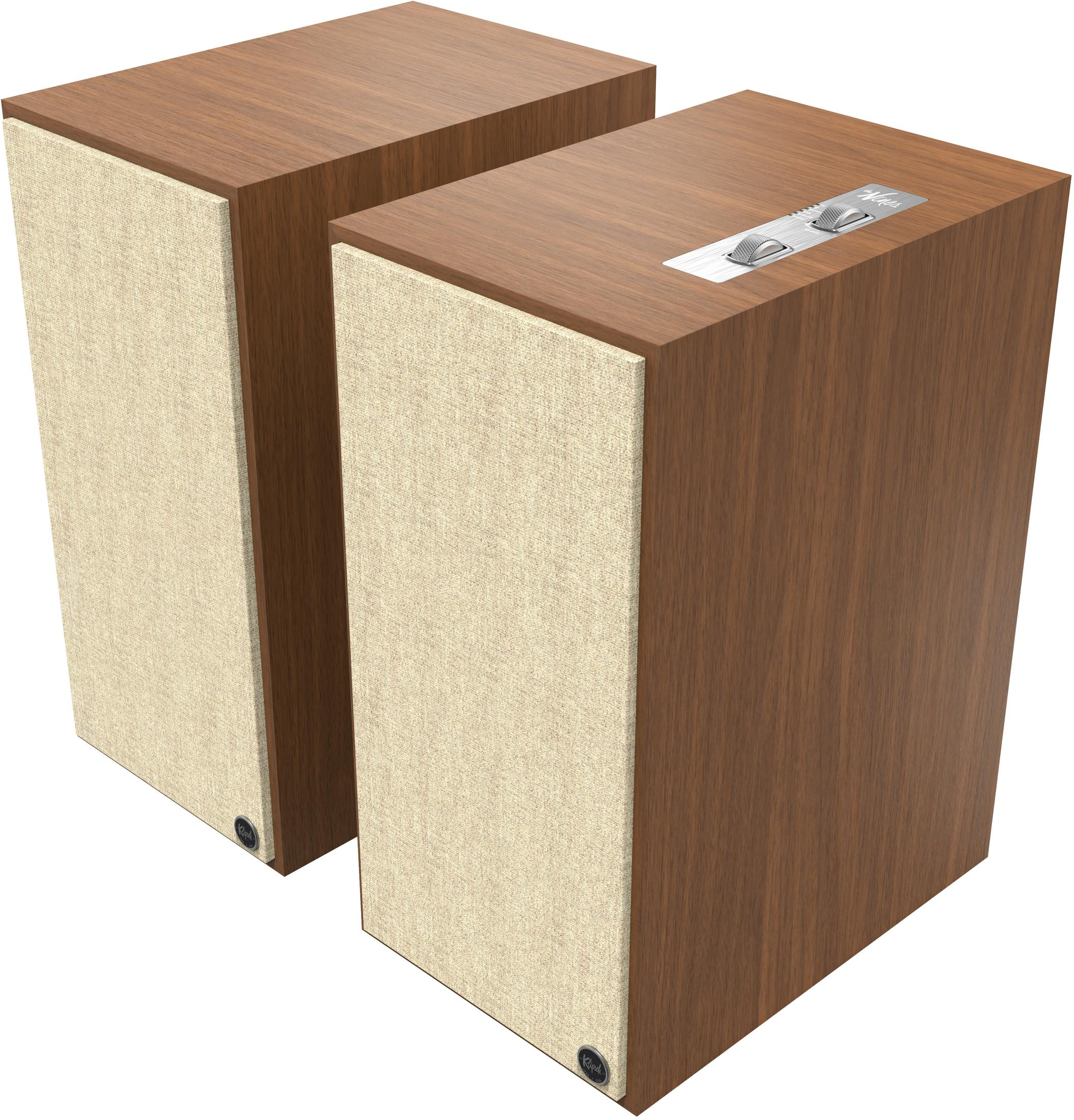 Zwei Holzboxen mit Stofffronten und silbernen Reglern auf der Oberseite.