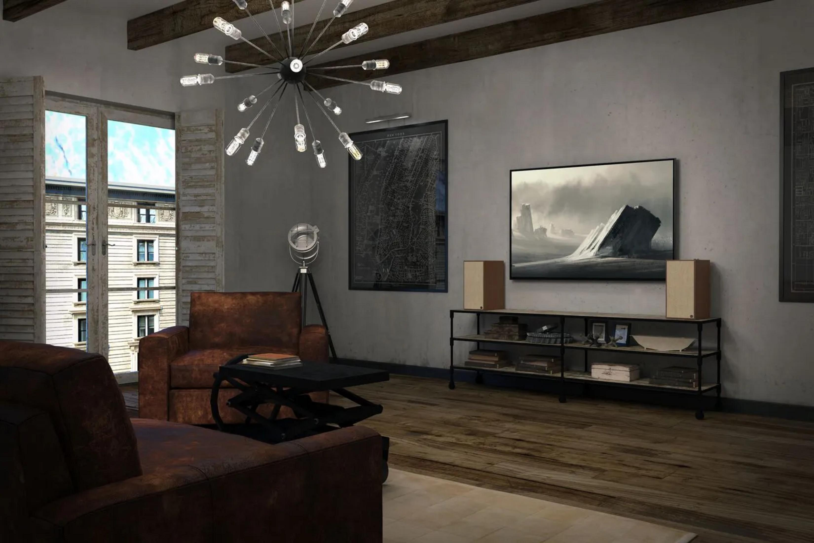 Ein Wohnzimmer mit Ledersofas, einem Couchtisch, einem Fernseher und einer Karte.