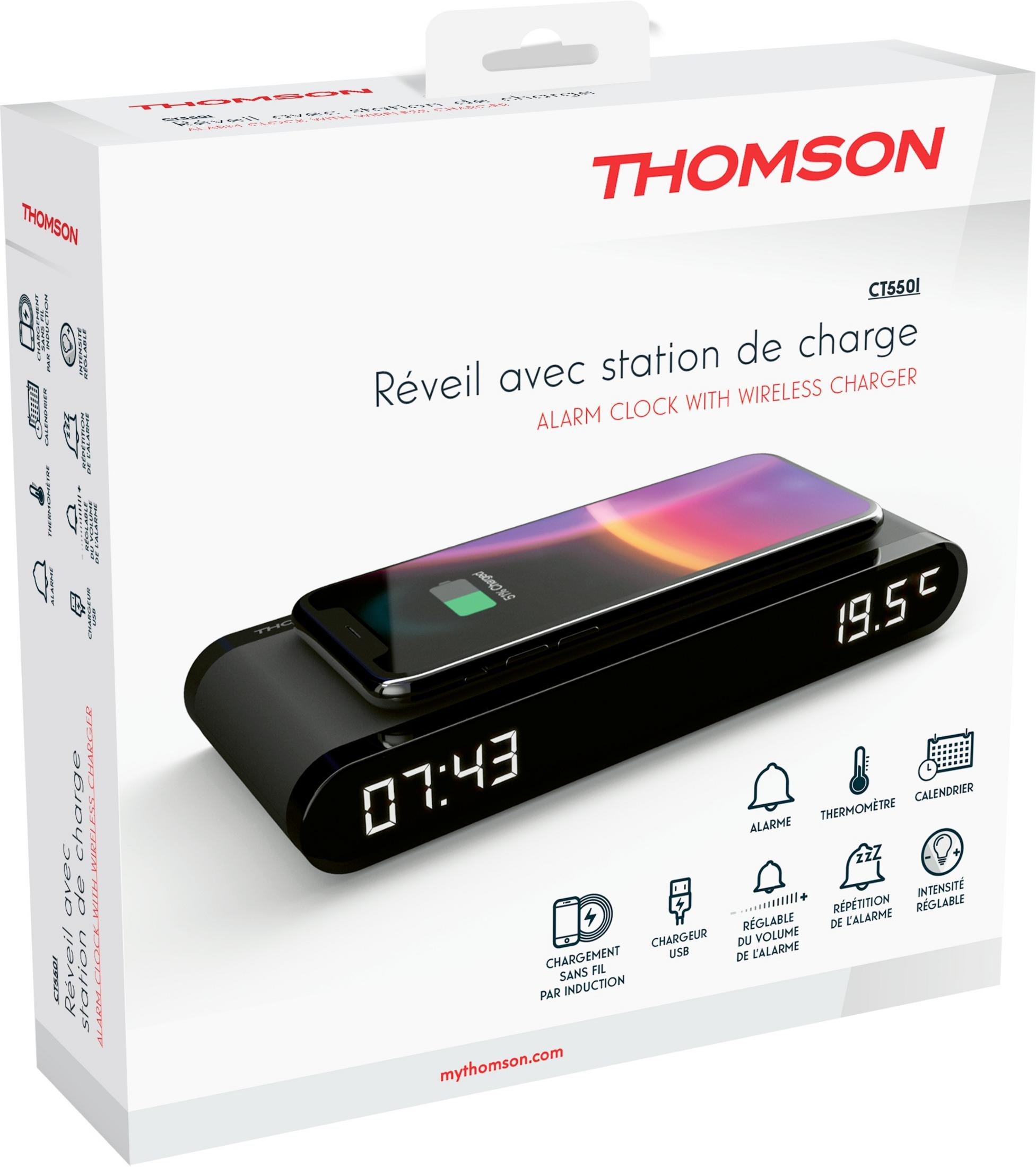 Una sveglia Thomson nera con caricatore wireless, che mostra un telefono.