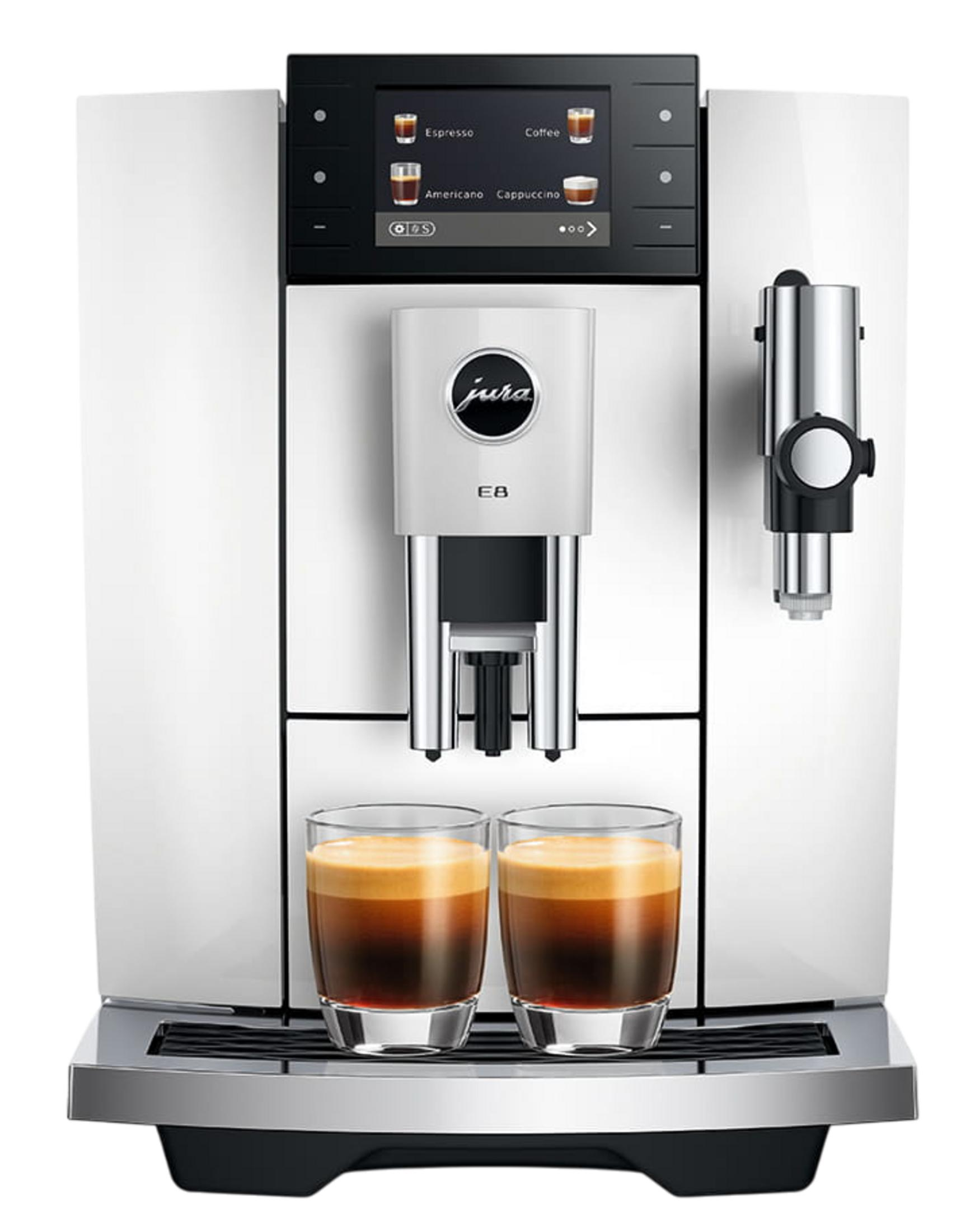 Macchina da caffè bianca con due bicchieri di espresso e display digitale.