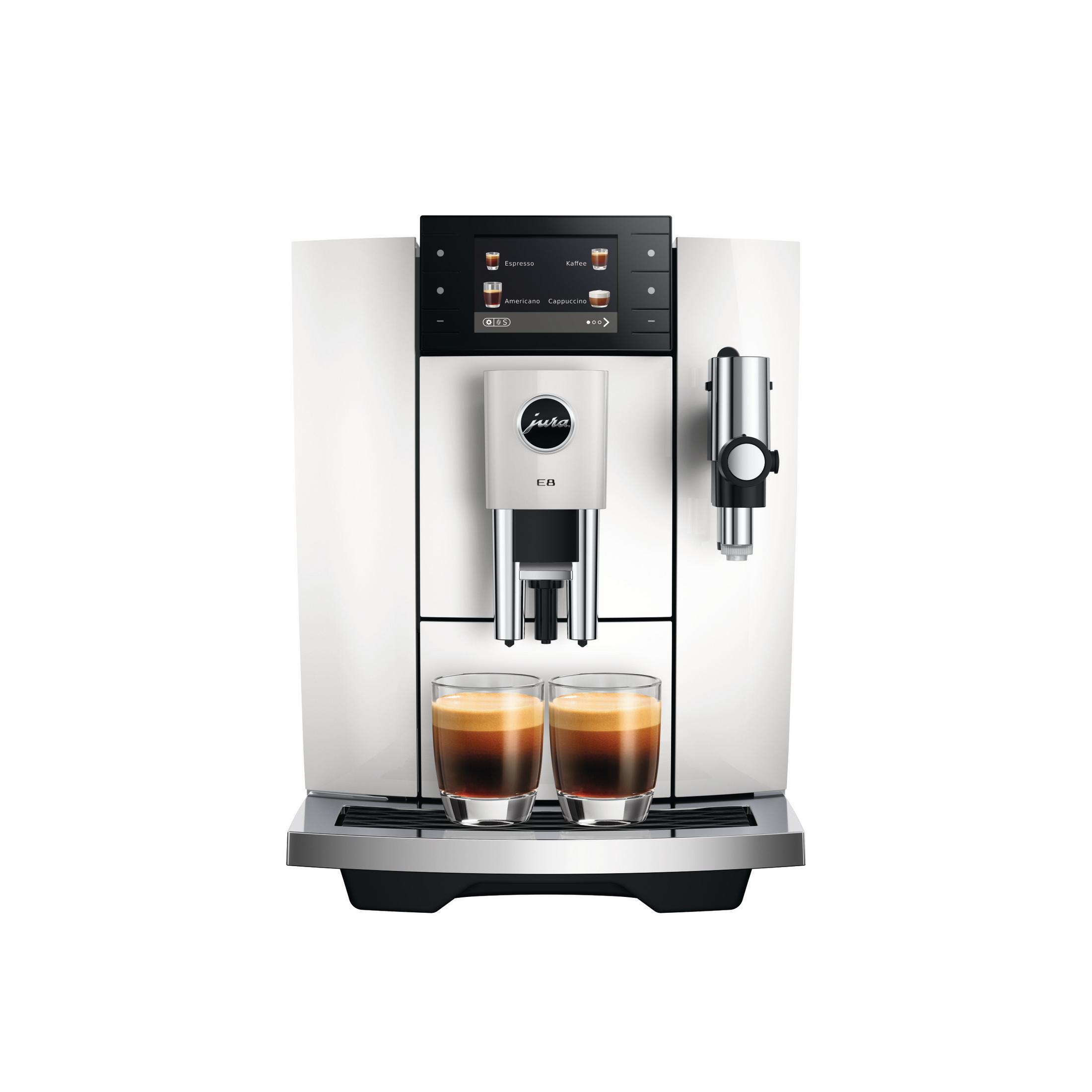 Macchina da caffè Jura E8 bianca con due bicchieri di espresso e display touch.