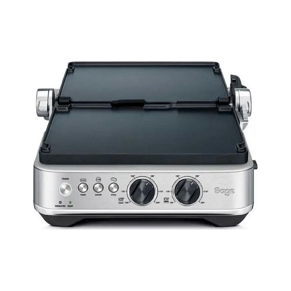 Un grill de contact Sage argenté avec plaques noires et boutons de commande.