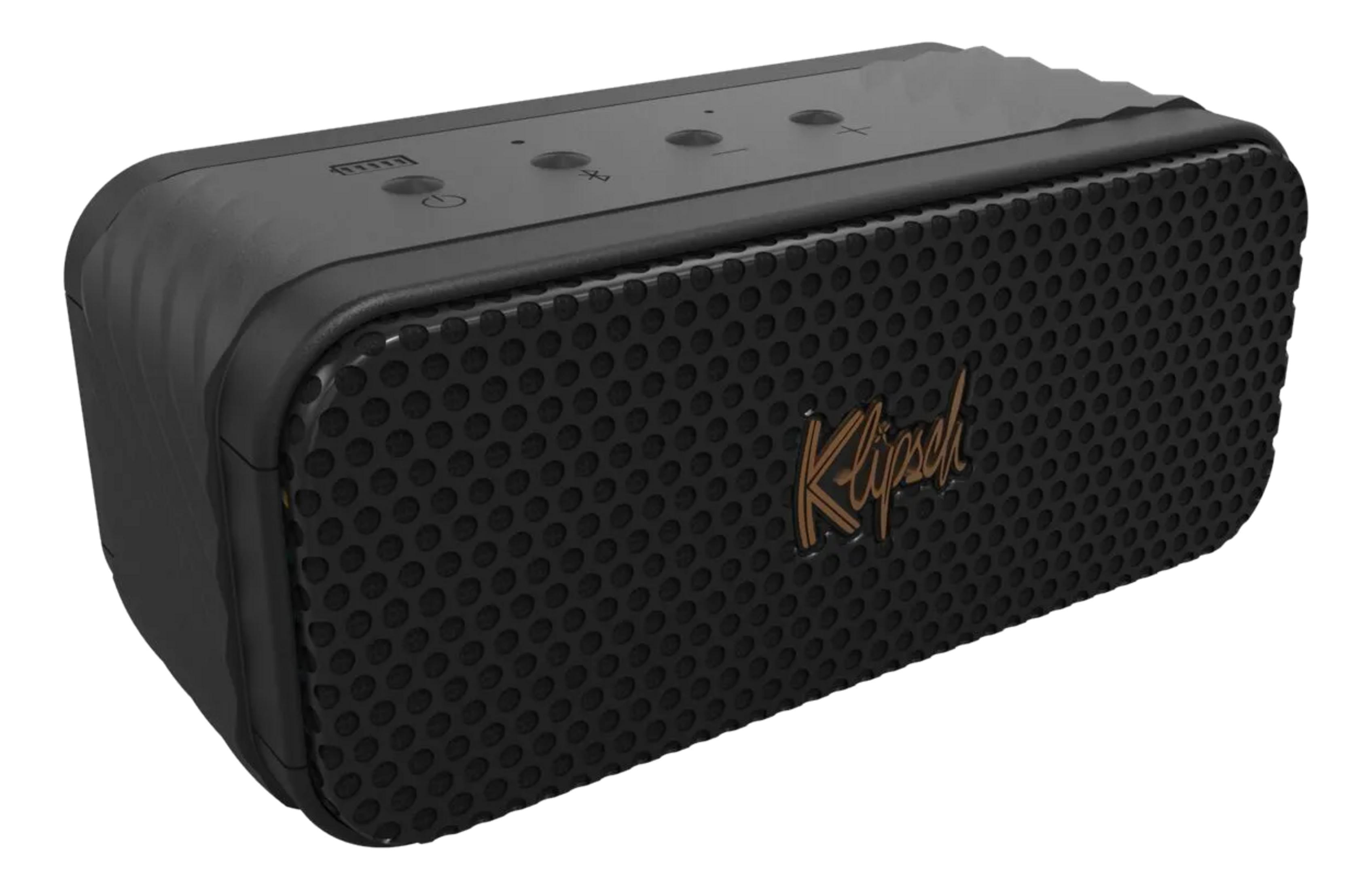 Czarny przenośny głośnik ze złotym logo na grillu.