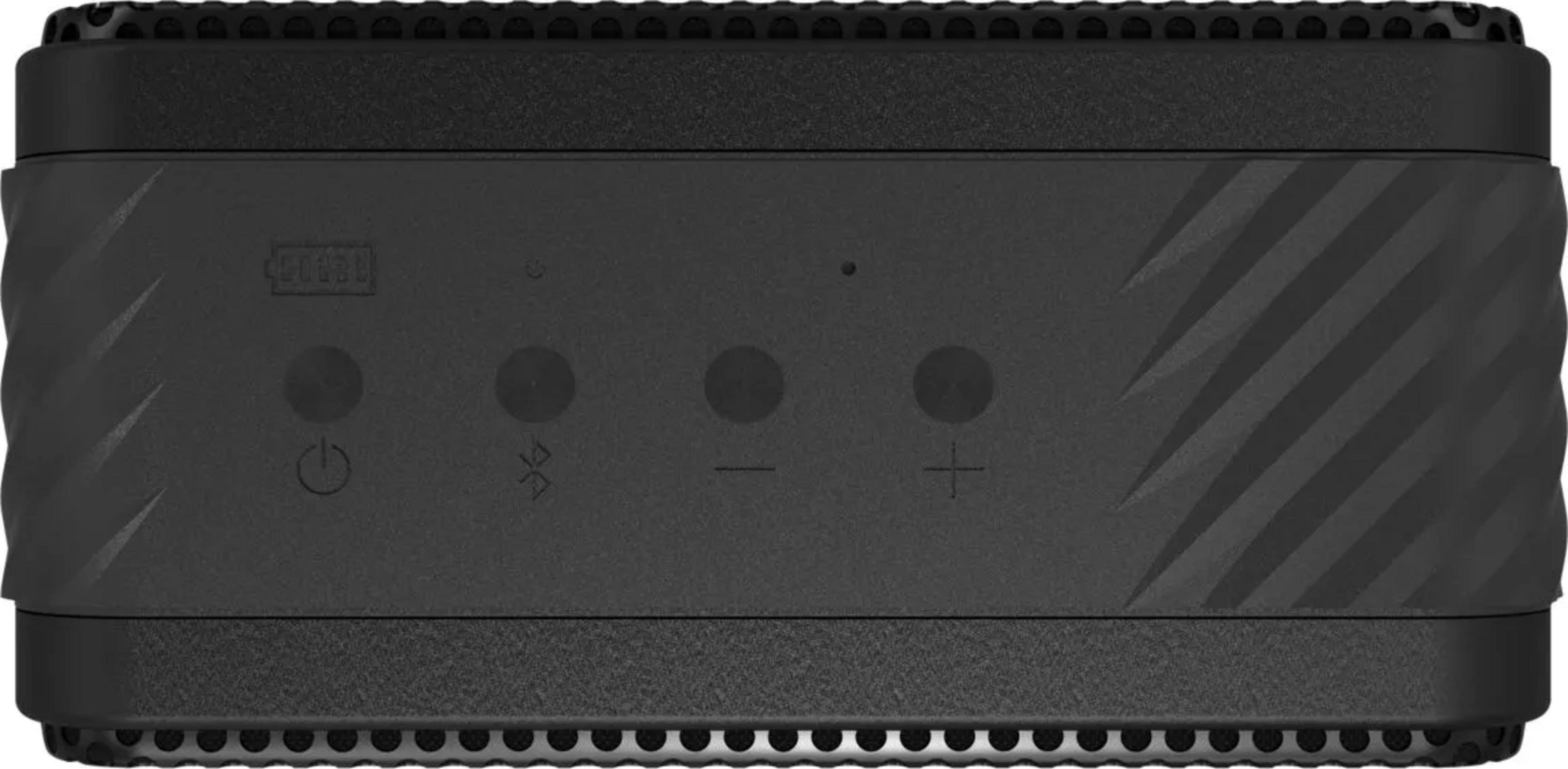 Czarny głośnik z przyciskami: zasilanie, Bluetooth, głośność minus/plus.