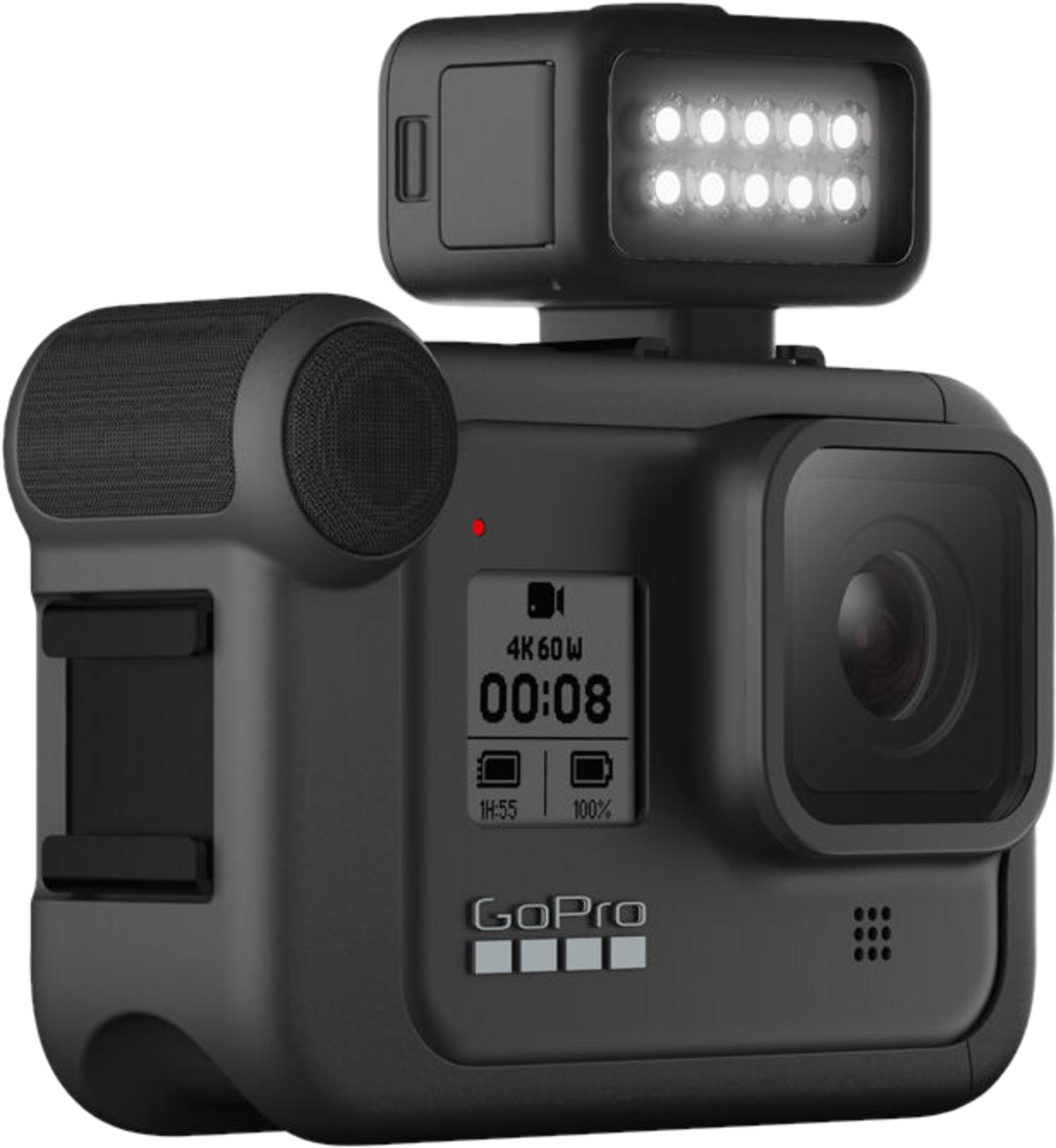 Schwarze GoPro mit angebrachtem Lichtmodul und Mikrofon.