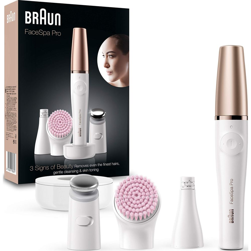 Braun FaceSpa Pro z nasadkami i opakowaniem. Białe i różowo-złote odcienie.