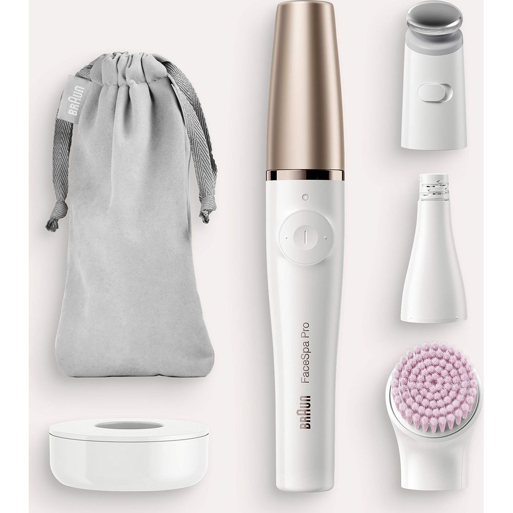 Biała szczoteczka do oczyszczania twarzy Braun z różowo-złotymi akcentami.