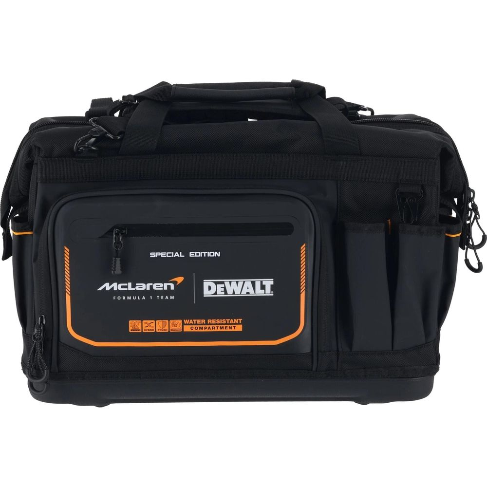 Turuncu vurgulu siyah alet çantası, McLaren ve DeWalt logolu.