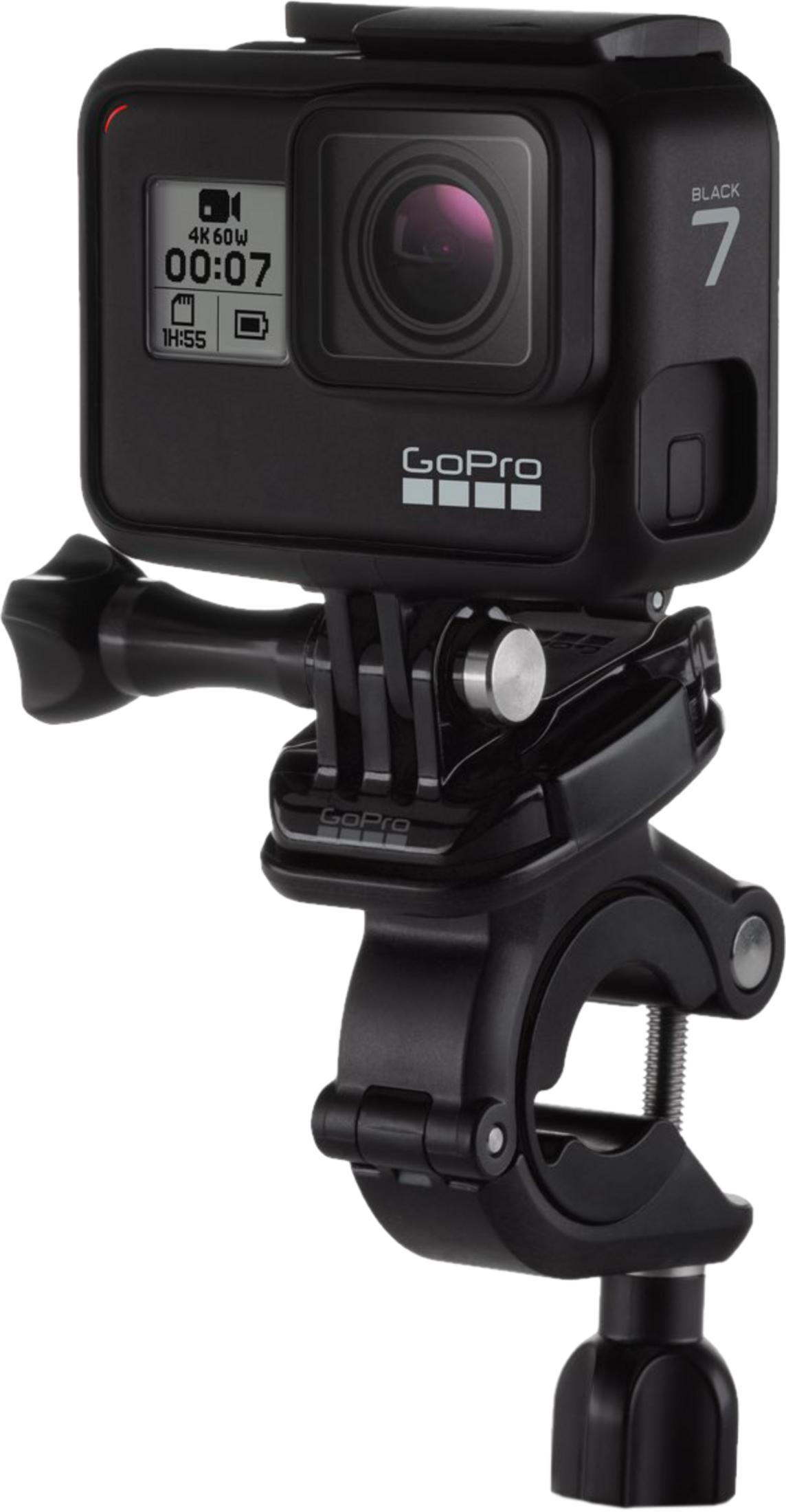 Czarna kamera sportowa GoPro HERO 7 Black z mocowaniem.