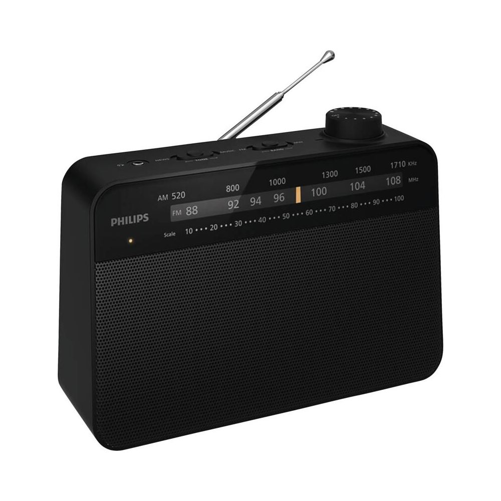 Czarno-białe radio Philips z anteną i skalą częstotliwości.