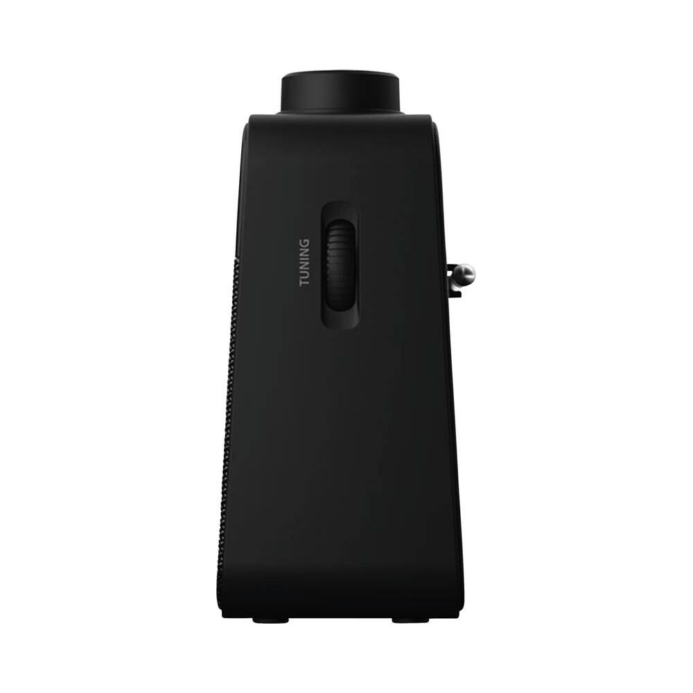 Czarny radioodbiornik z srebrnym pokrętłem i napisem "TUNING".