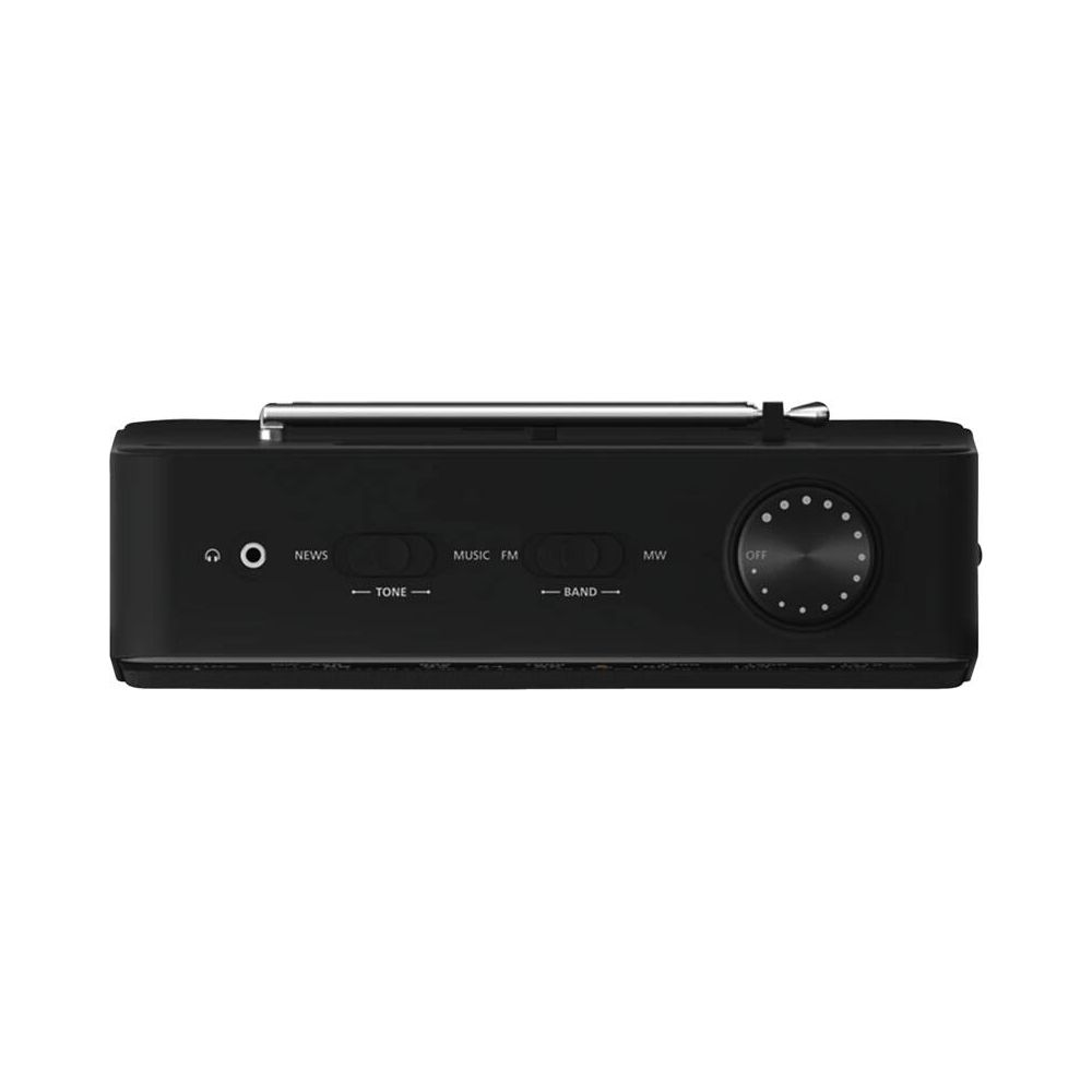 Czarno-srebrne radio przenośne z anteną i przyciskami sterowania.