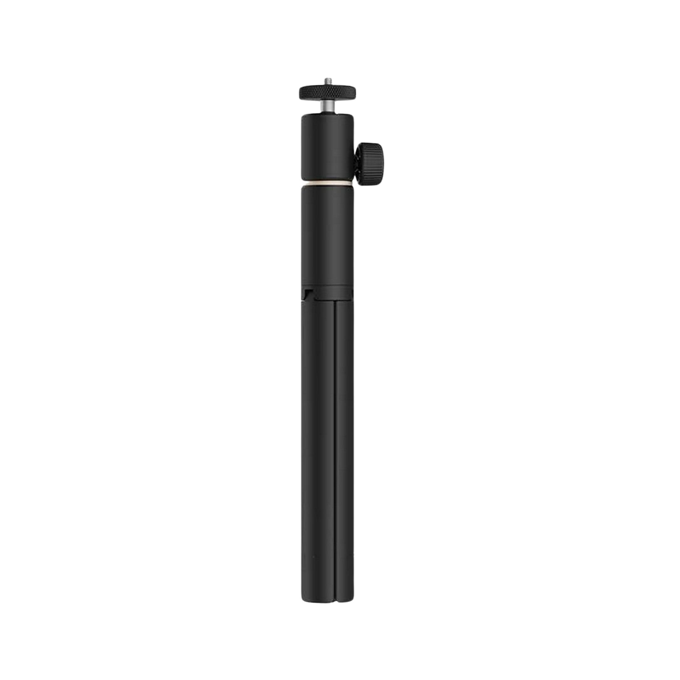 Un palo selfie negro extensible con cabeza ajustable y pomo moleteado.