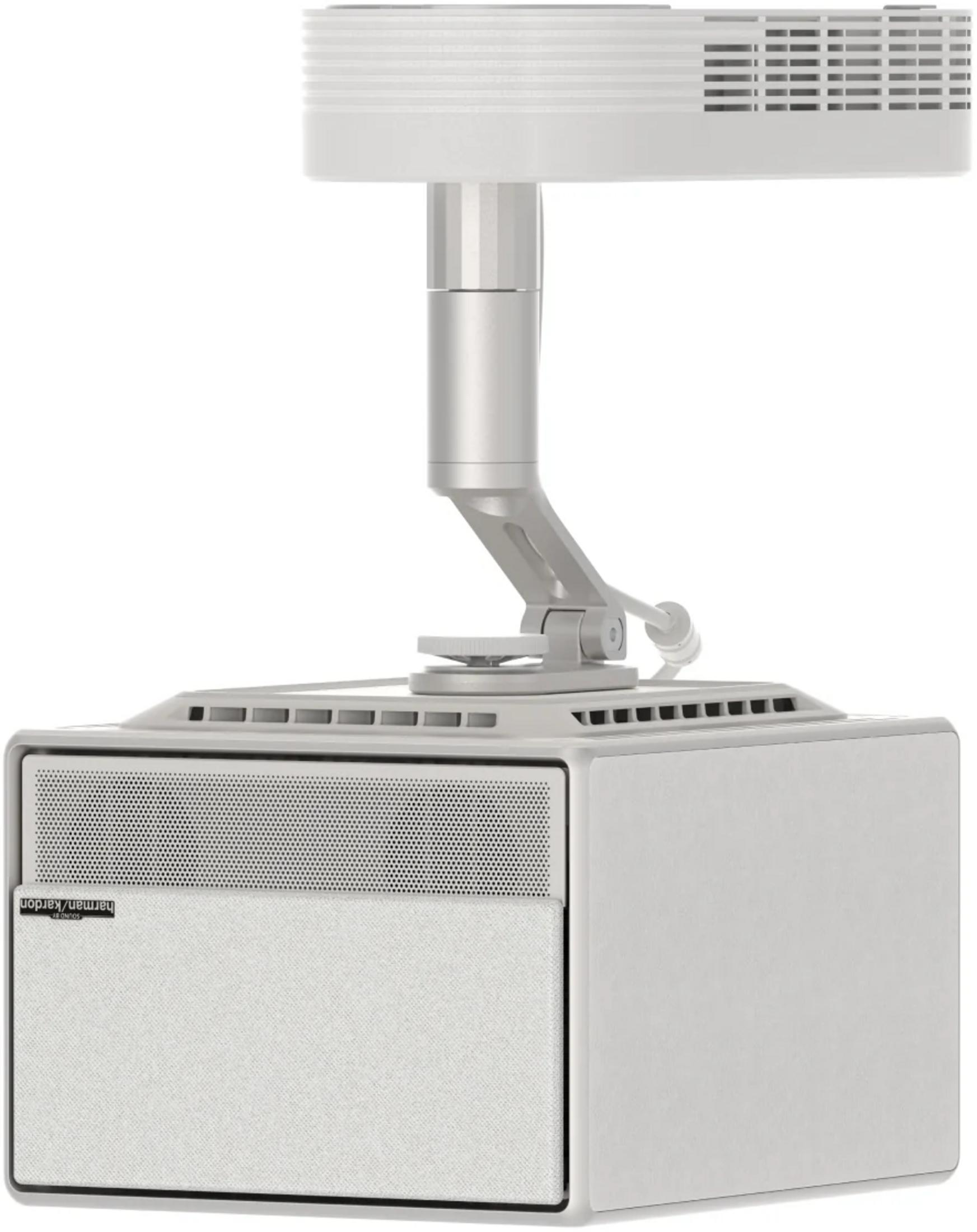 Ein weißer Projektor mit silbernem Arm ist an der Decke montiert.