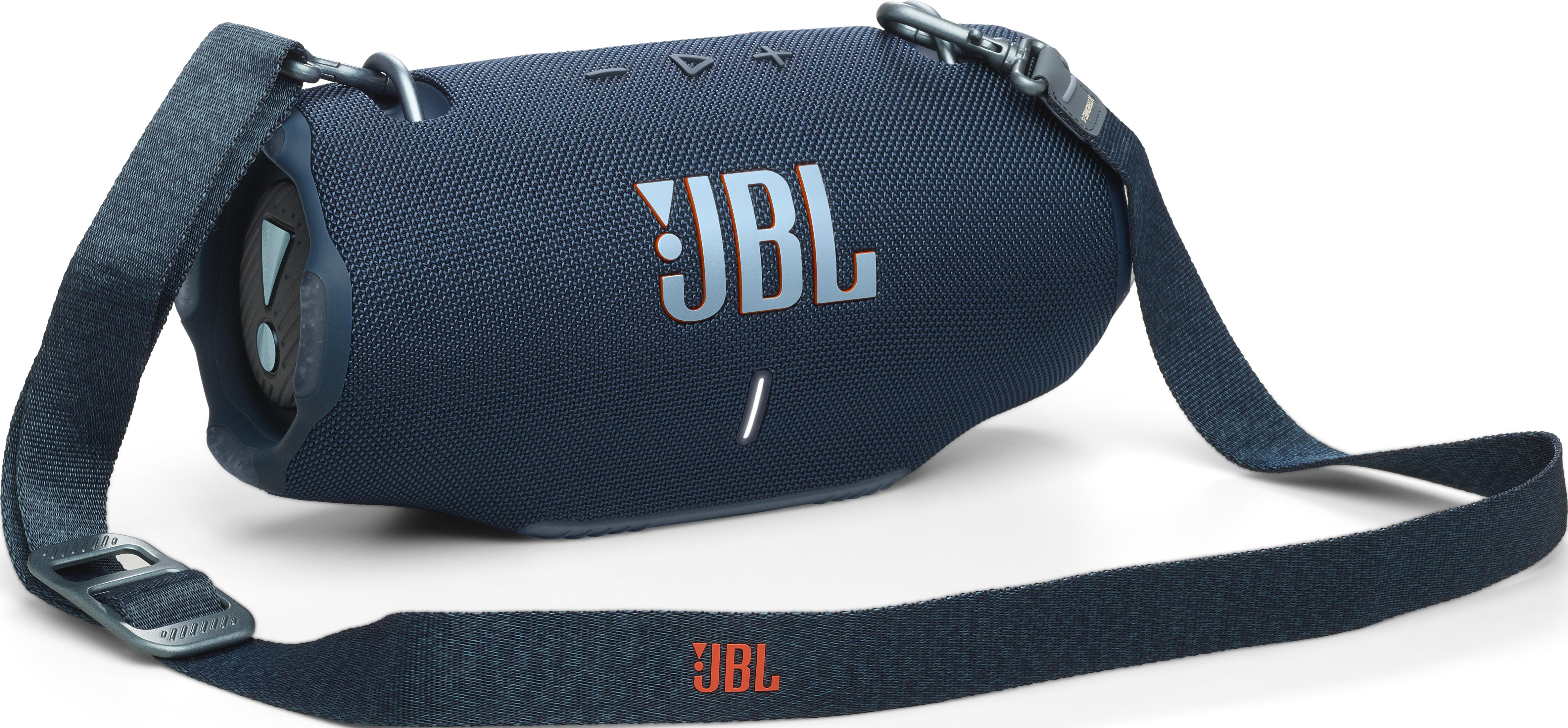 Granatowy głośnik JBL z paskiem, podświetlony z boku.