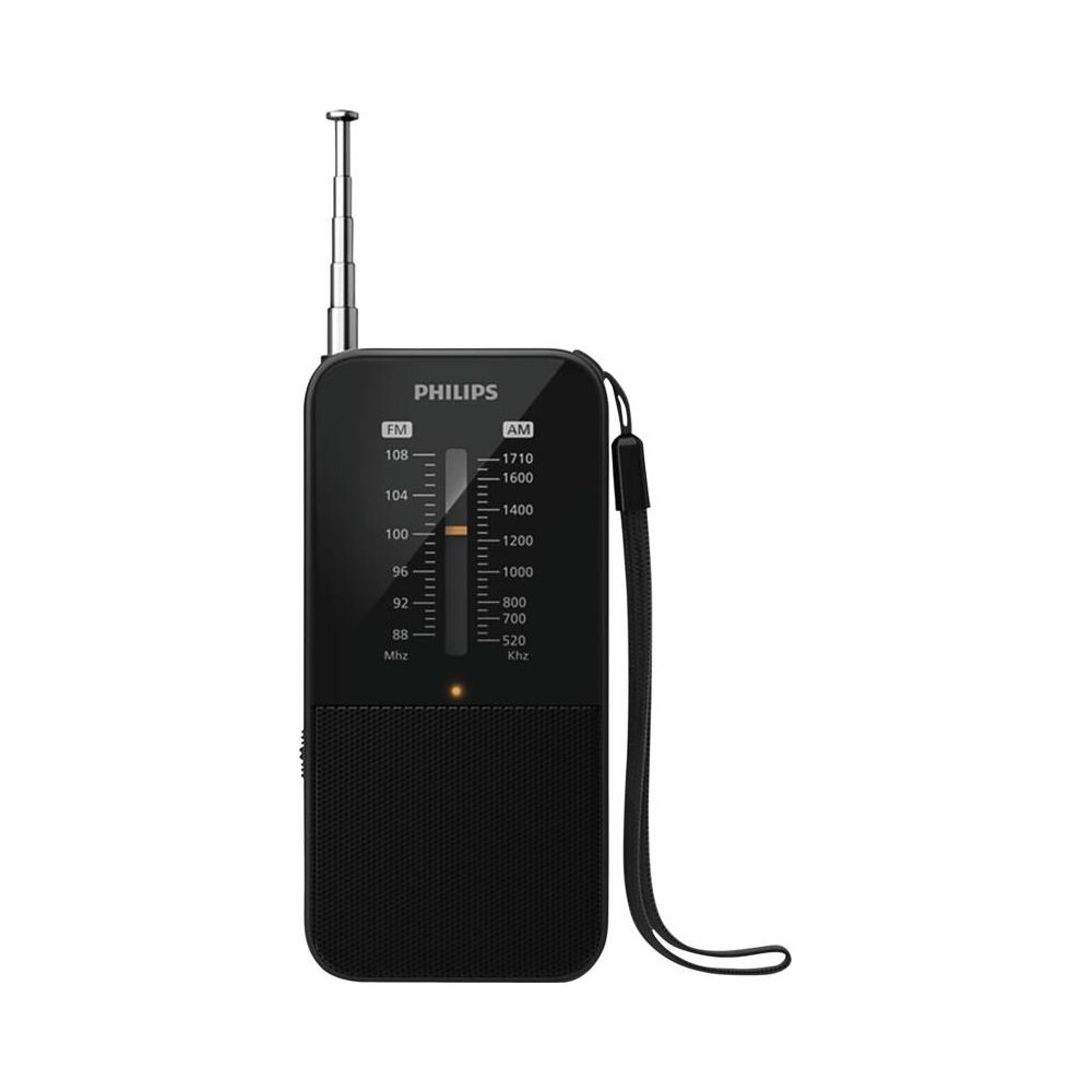 Czarny przenośny radio Philips z wysuniętą anteną i paskiem.