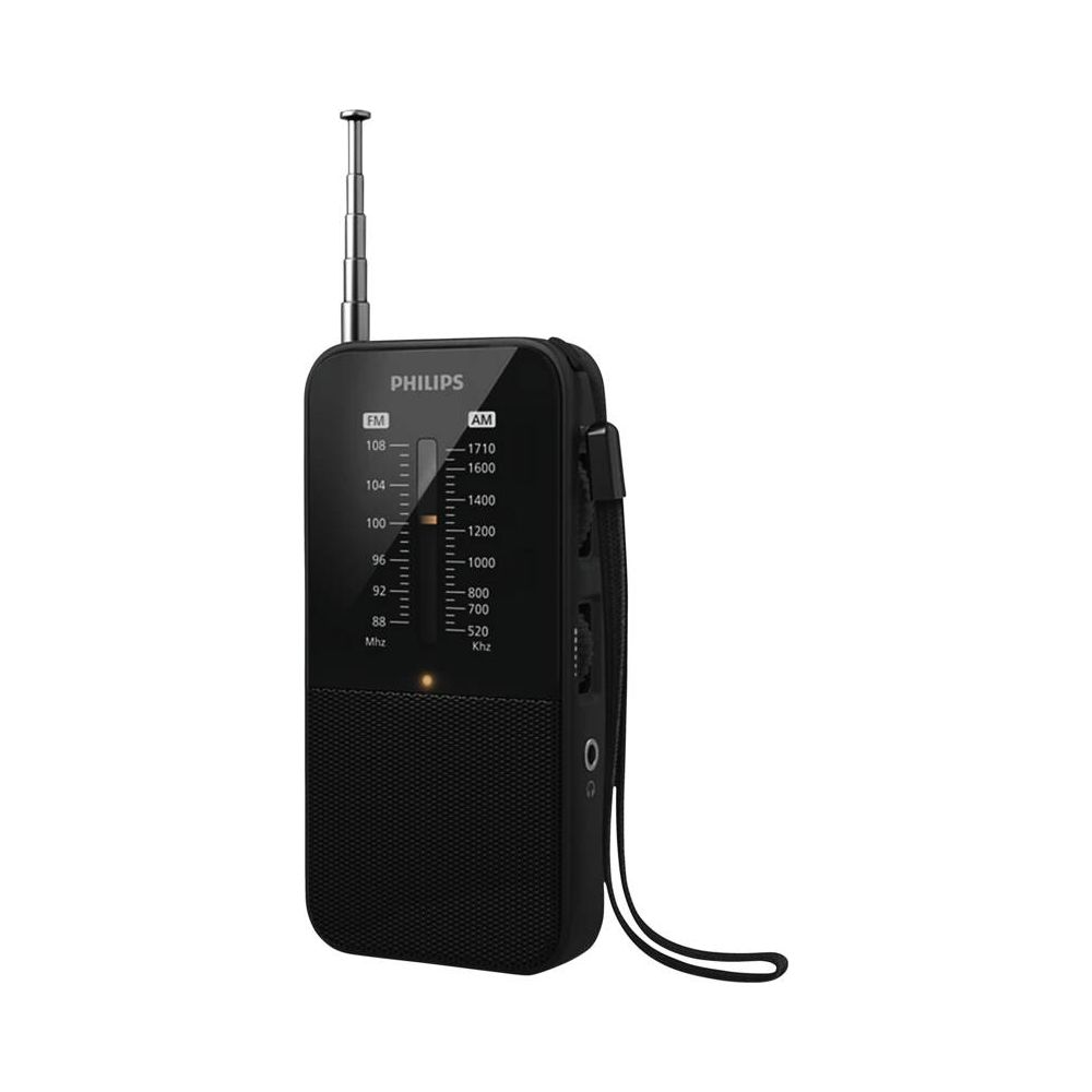 Czarno radio Philips z anteną i pokrętłem AM/FM. Zamocowana jest mała smycz.