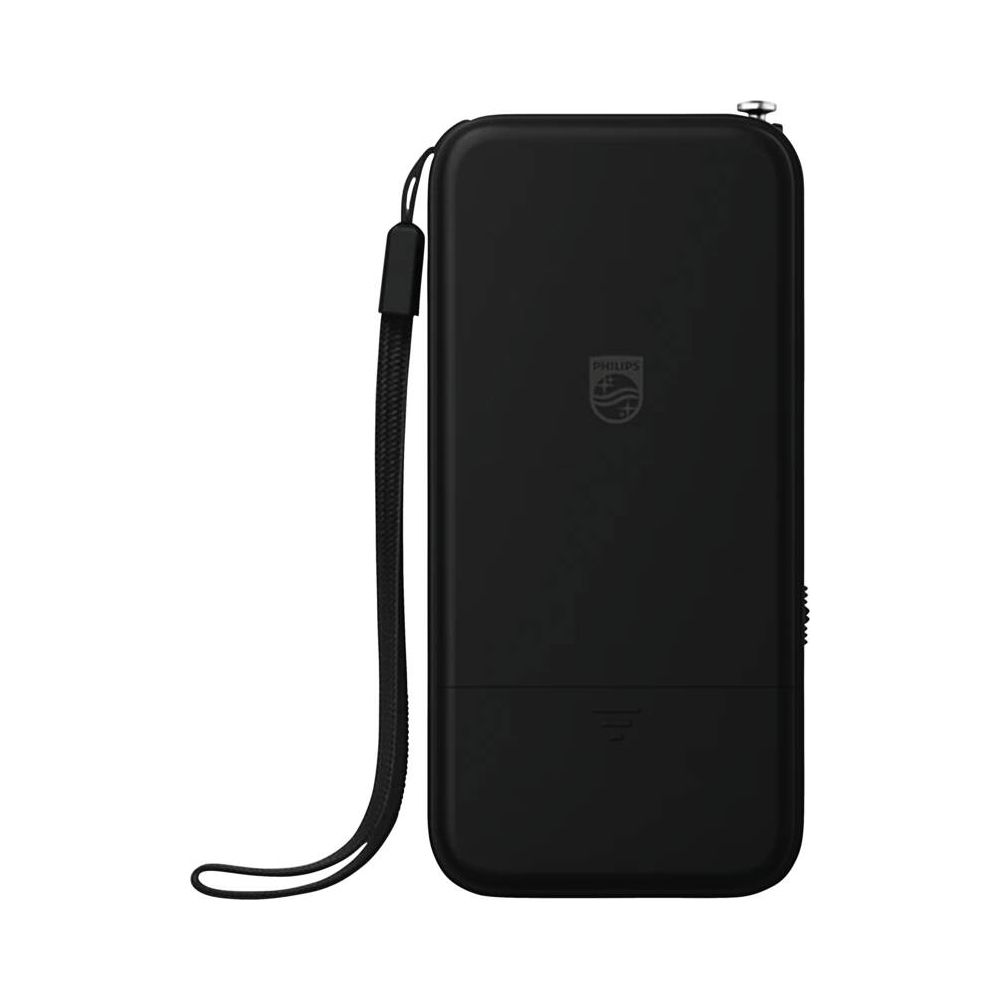 Czarne etui Philips ze smyczą i logo.