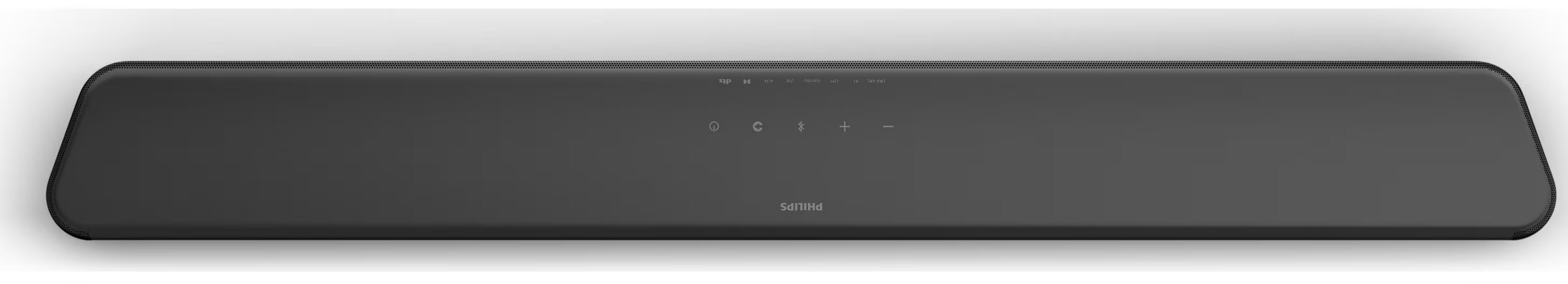 Czarny soundbar z otworami wentylacyjnymi i przyciskami sterowania.