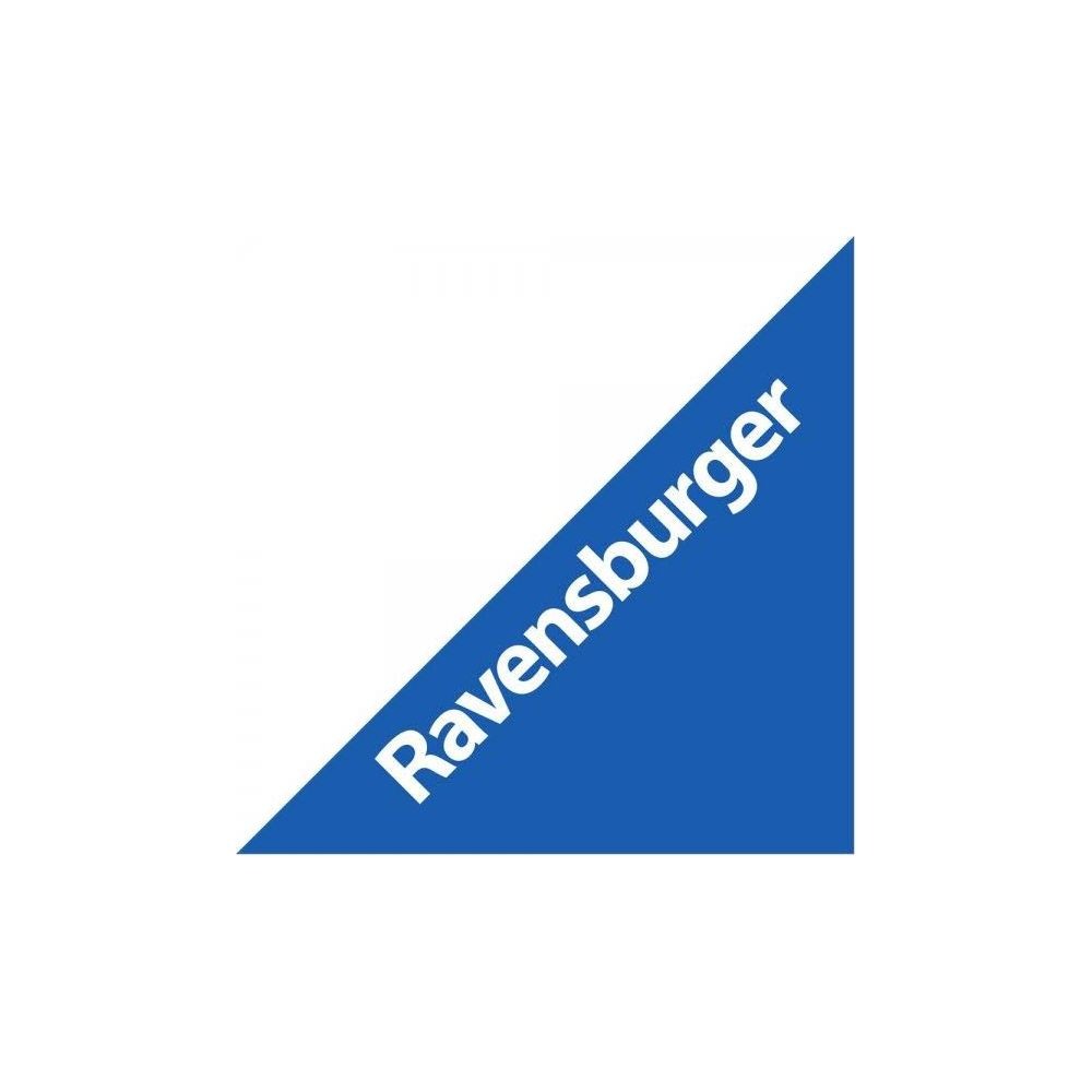 Un triangolo blu con testo bianco Ravensburger.