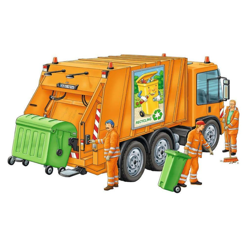 Śmieciarka z pracownikami opróżniającymi kosze i zamiatającymi.