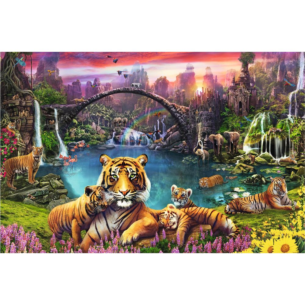 Tigerfamilie in einer üppigen Landschaft mit Wasserfällen, Brücken und Elefanten.