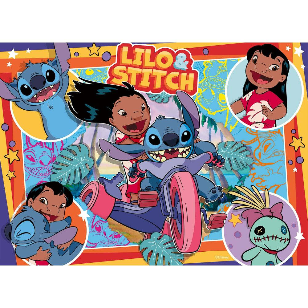 Lilo i Stitch jadą na fioletowym skuterze z palmami w tle.