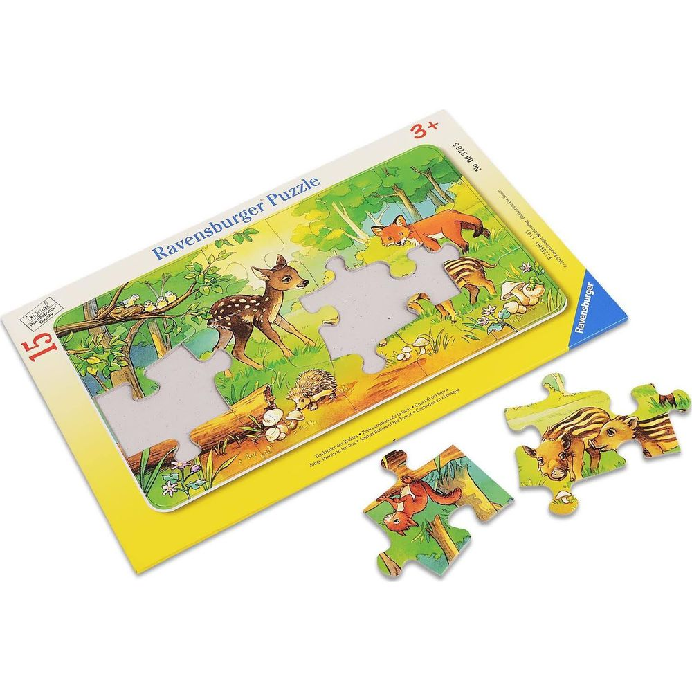 Puzzle Ravensburger ze zwierzętami leśnymi: sarna, lis, jeż, prosięta, wiewiórka.