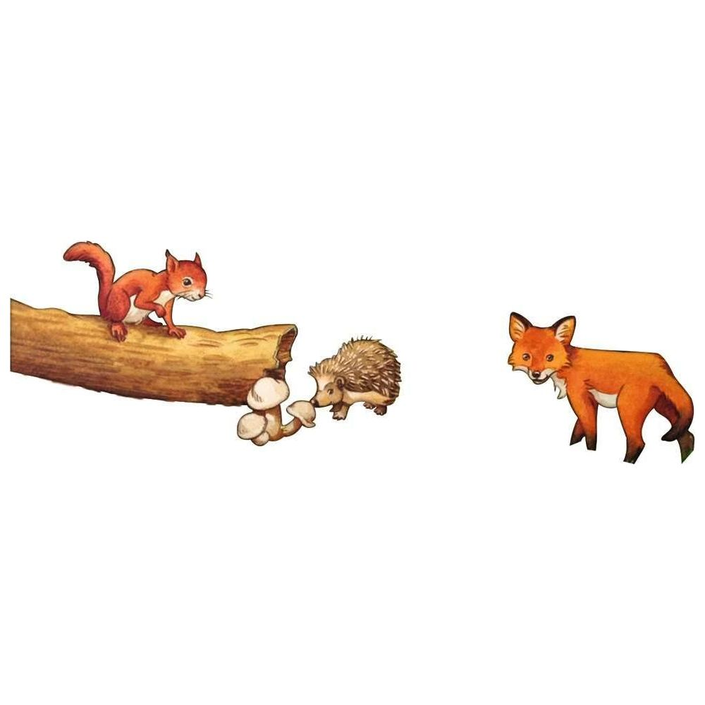 Wiewiórka na kłodzie, jeż przy grzybach i lis.
