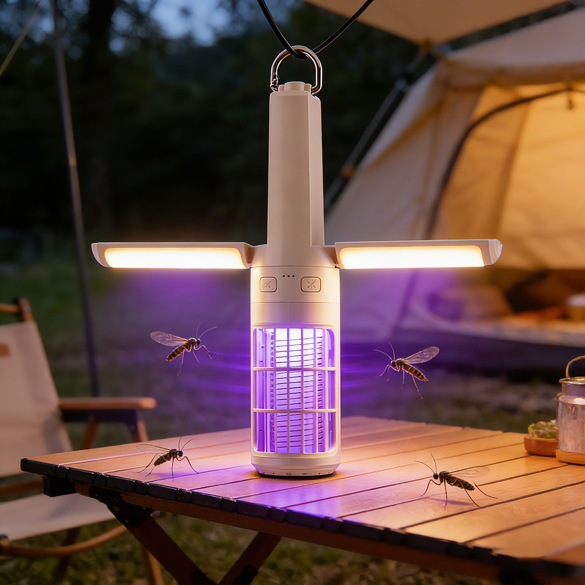 Campinglampe mit UV-Licht zieht Mücken an, die auf einem Holztisch sitzen.