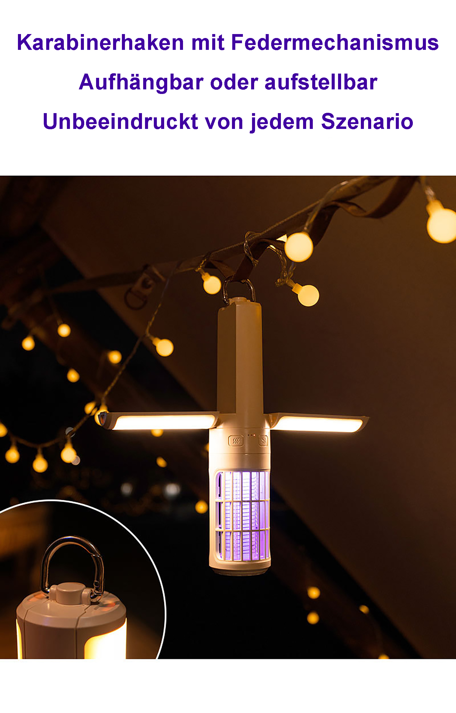 Eine Lampe mit UV-Licht hängt an einer Schnur mit Lichtern.