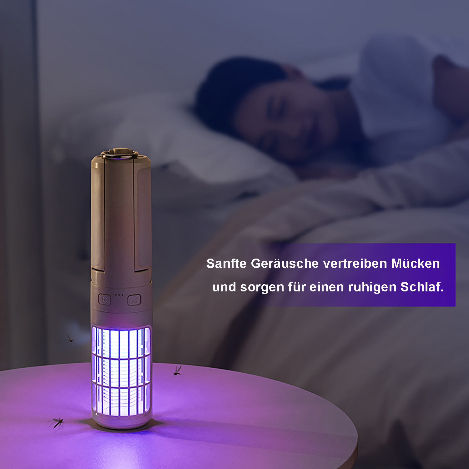 Ein Insektenvernichter mit lila Licht auf einem Tisch, neben einer schlafenden Person.