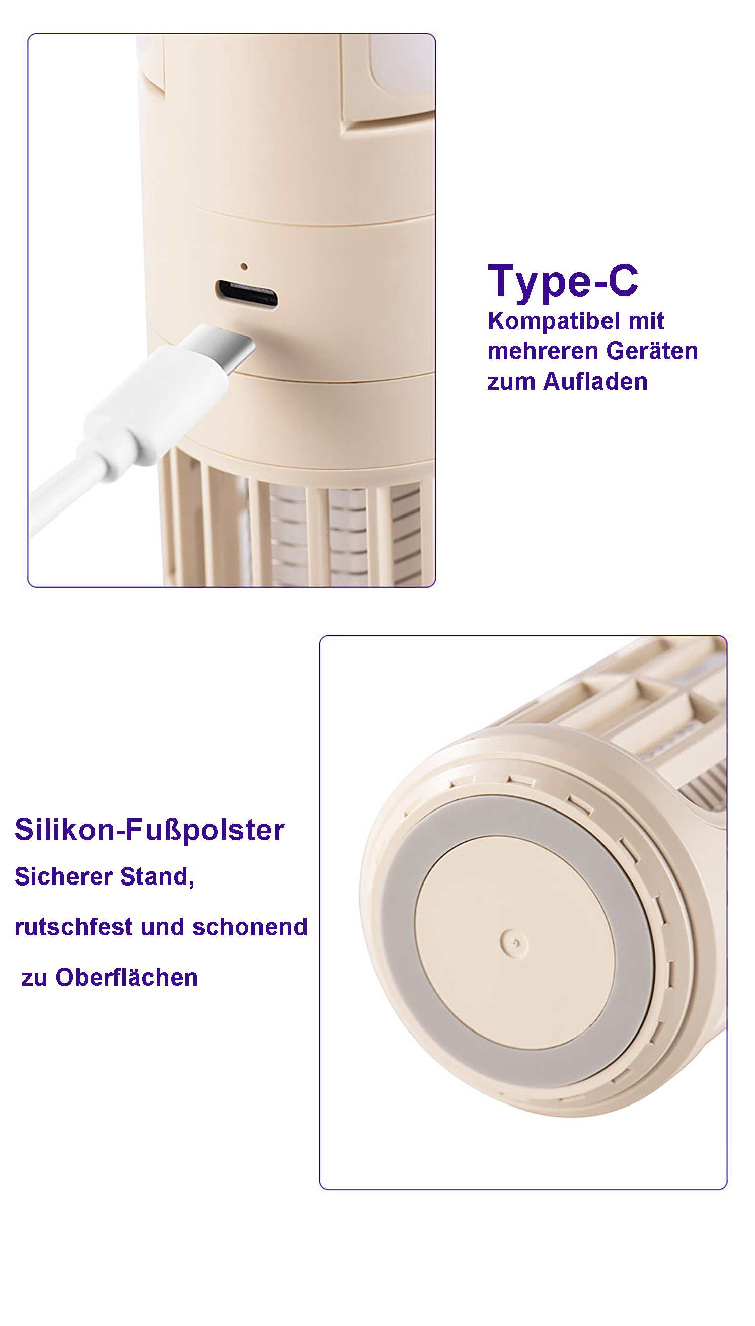 Ein beigefarbener Zylinder mit Typ-C-Anschluss und einem weißen Ladekabel.