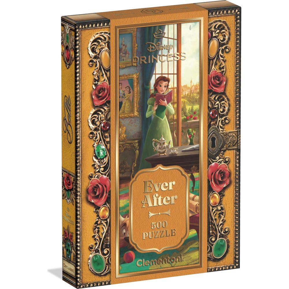 Pudełko puzzli Disney Princess z Belle czytającą w pokoju z widokiem na zamek.