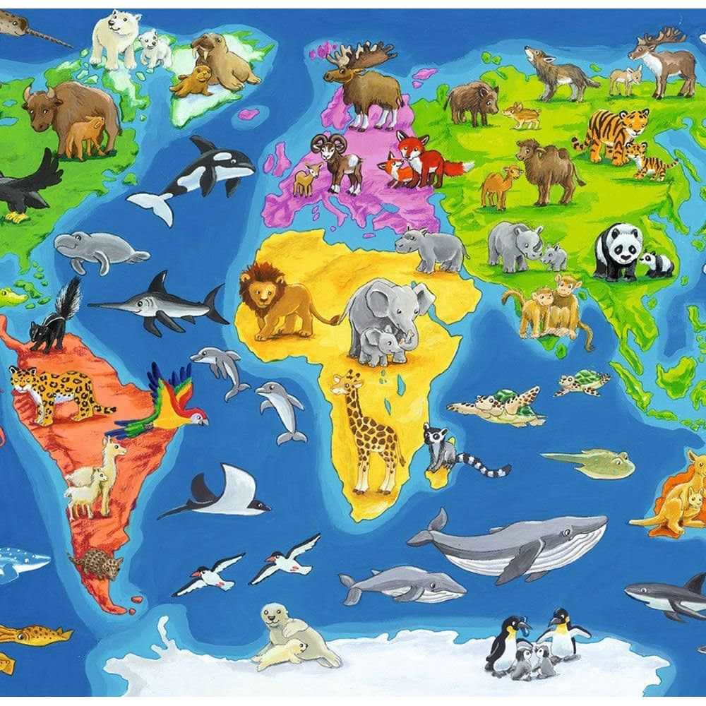 Een wereldkaart met diverse dieren op hun respectievelijke continenten.