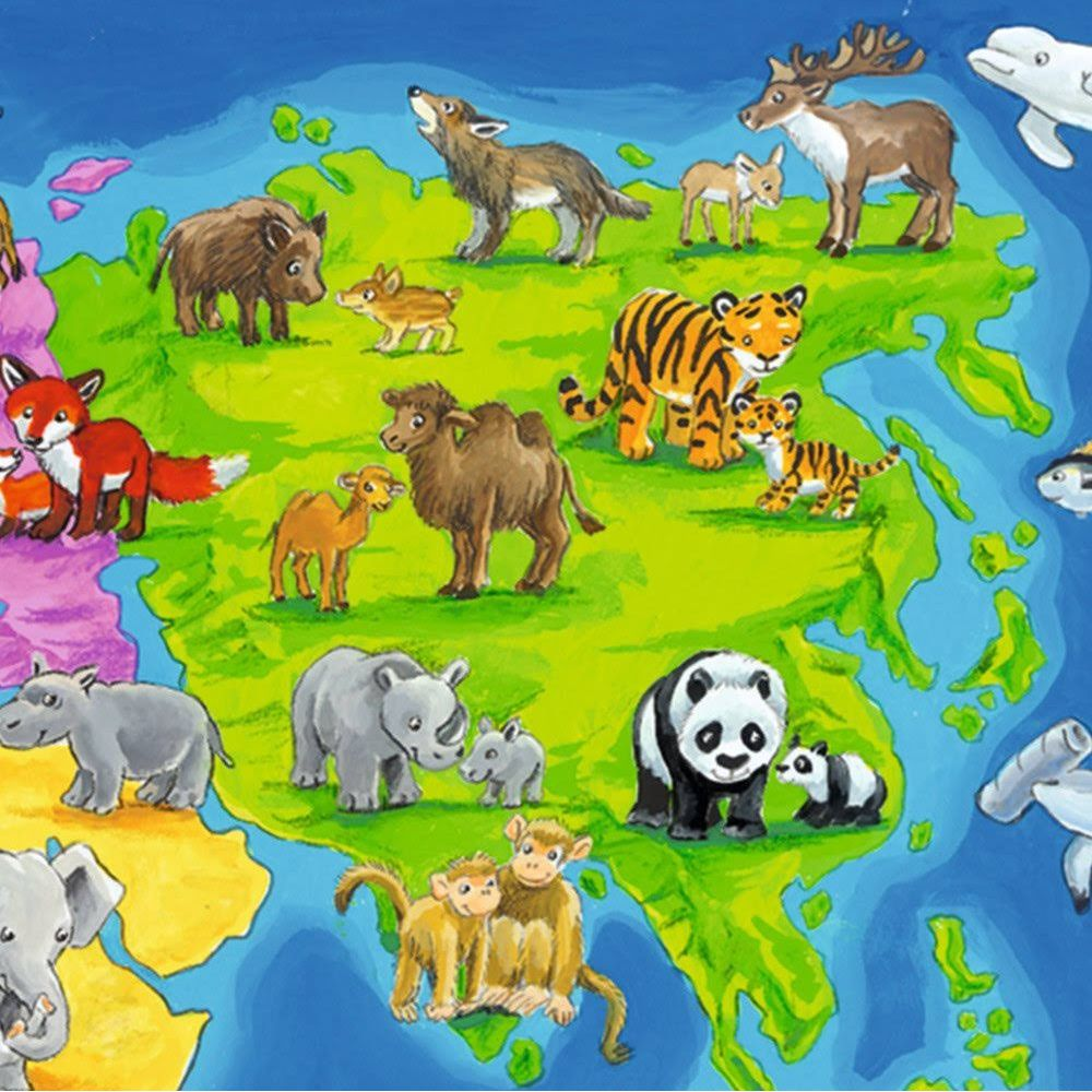 Illustratie van dieren op een wereldkaart. Bevat panda's, tijgers, olifanten, neushoorns, vossen, kamelen, wolven en meer.