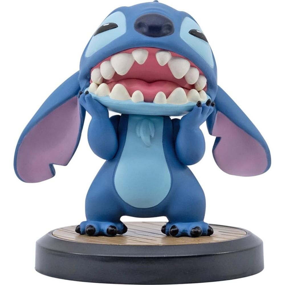 Eine blaue Stitch-Figur mit weit geöffnetem Mund, die sich die Wangen hält.